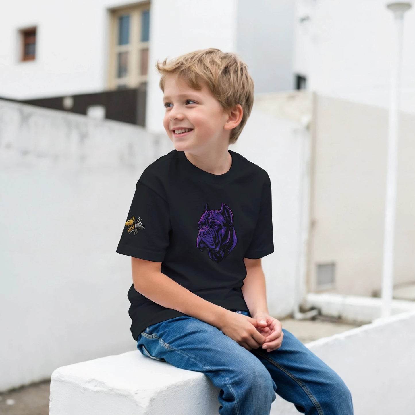 T-shirt enfant classique ras du cou tête Cane Corso 1 avec logo sur manche droite MolossDesign