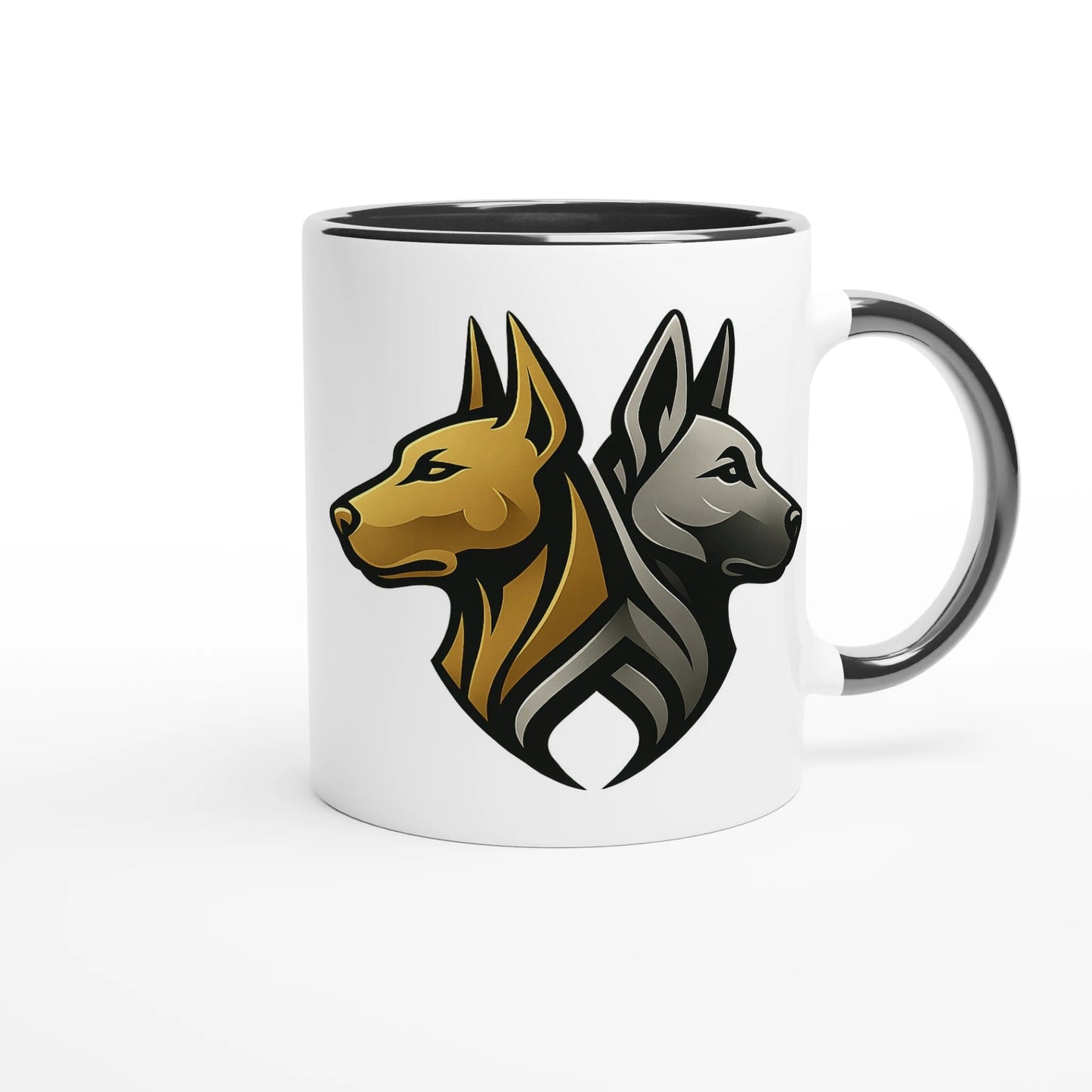 Marque MolossDesign | Mug en céramique blanche 325 ml (11 oz) avec intérieur coloré tête Dobermann doré MolossDesign et logo MolossDesign