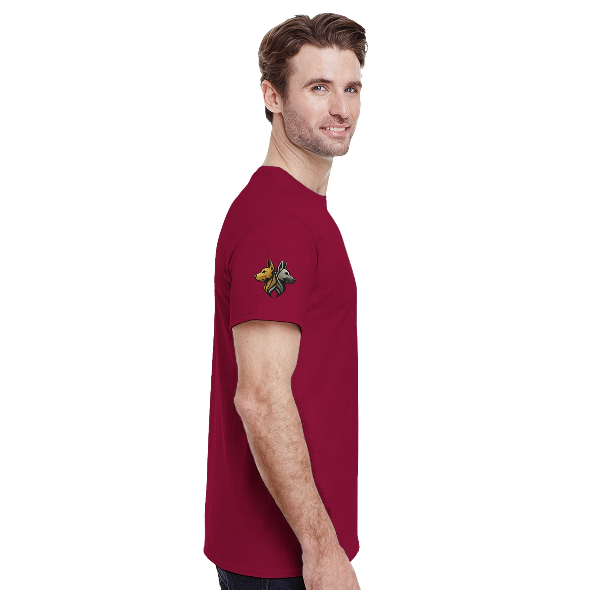 T-shirt unisexe épais ras du cou tête Dobermann arc en ciel1 avec logo sur manche droite MolossDesign