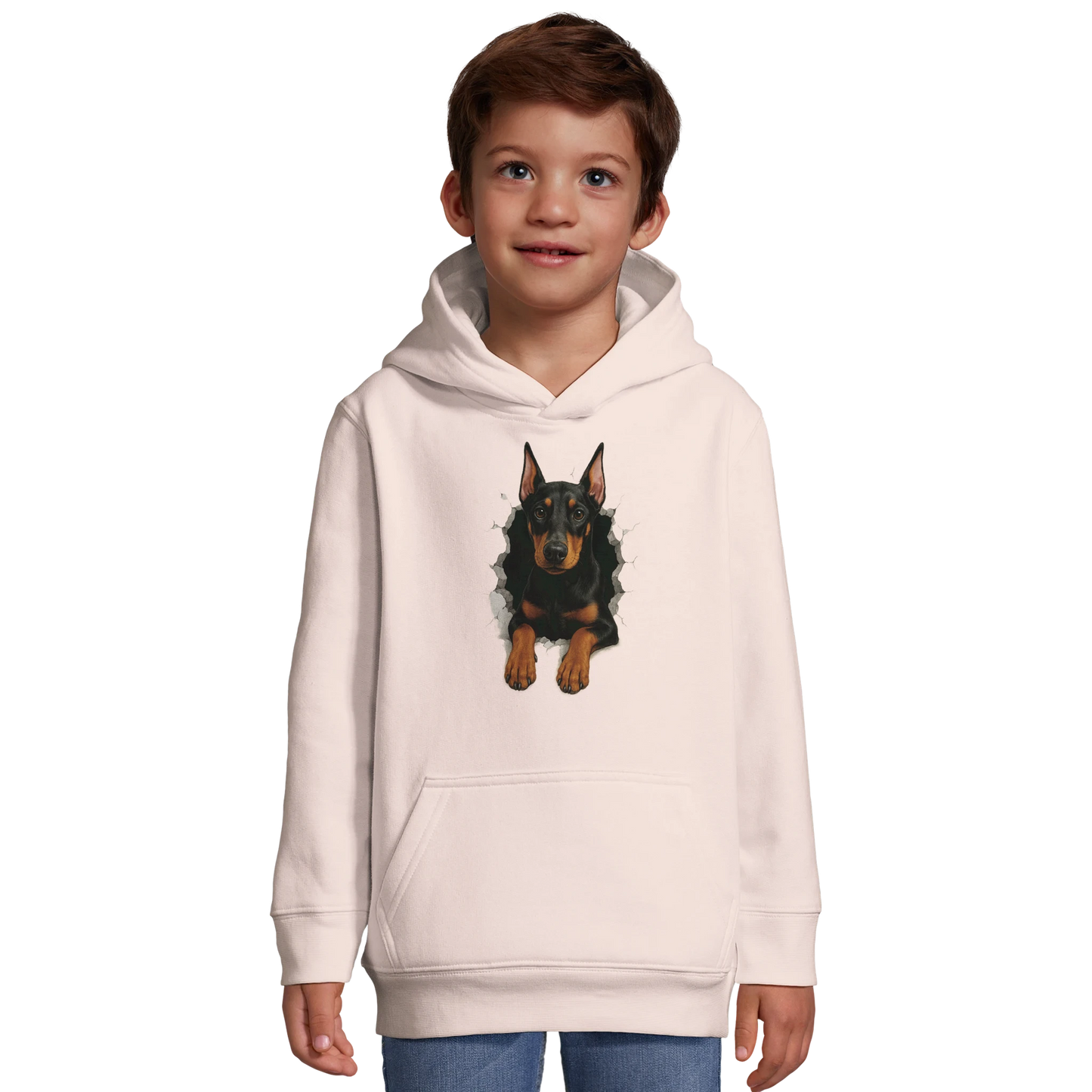 Sweat-shirt à capuche enfant rose-Dobermann trou mur