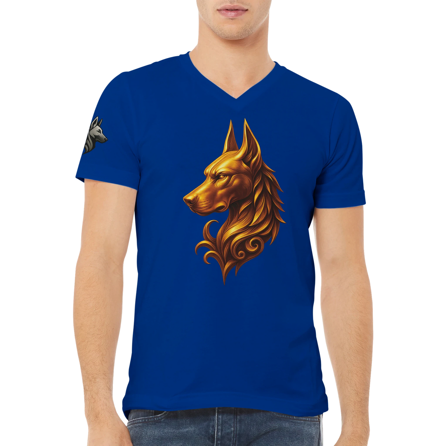 T-shirt adulte unisexe premium col en V bleu tête majestueuse Dobermann