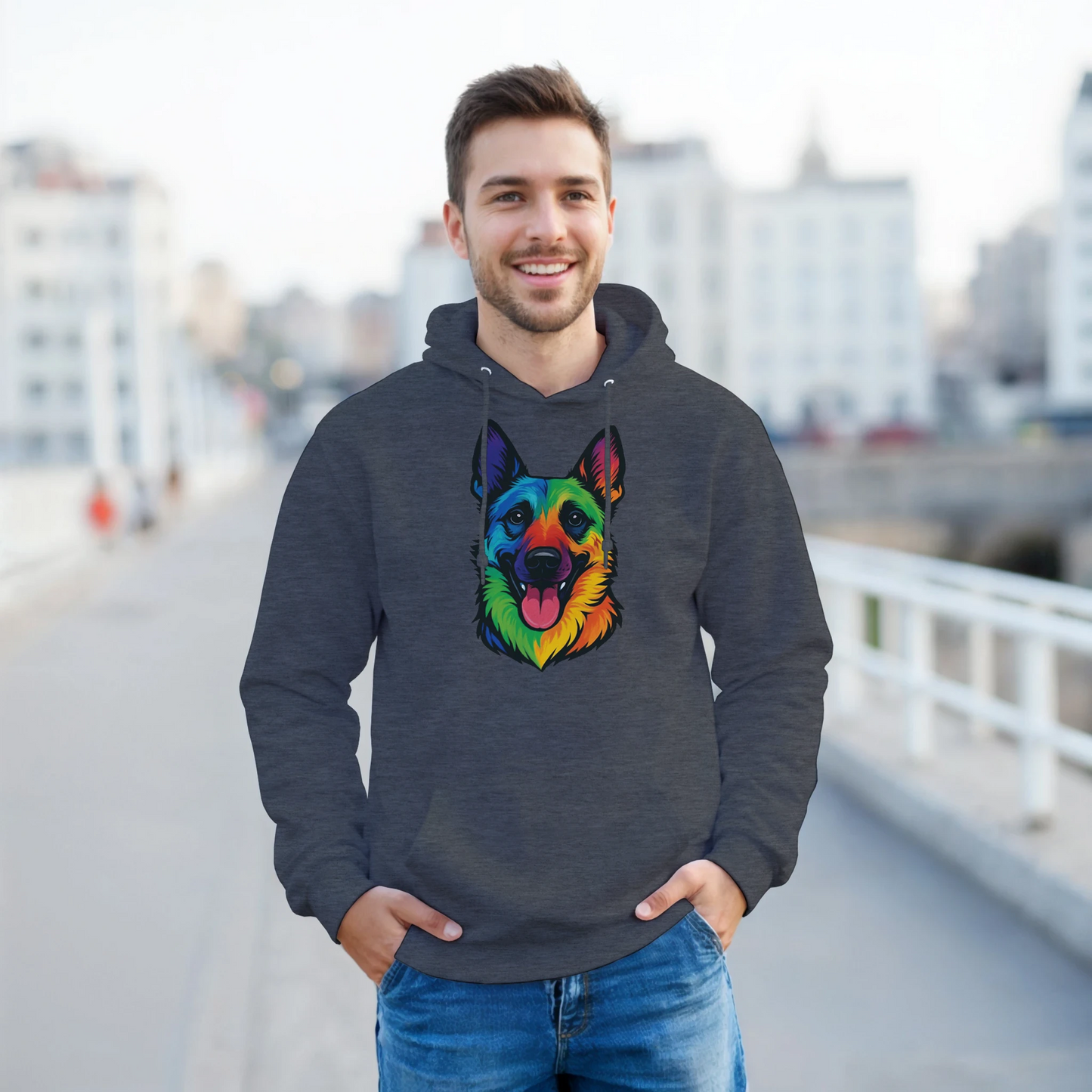 Sweat à capuche adulte unisexe classique gris tête Malinois arc en ciel