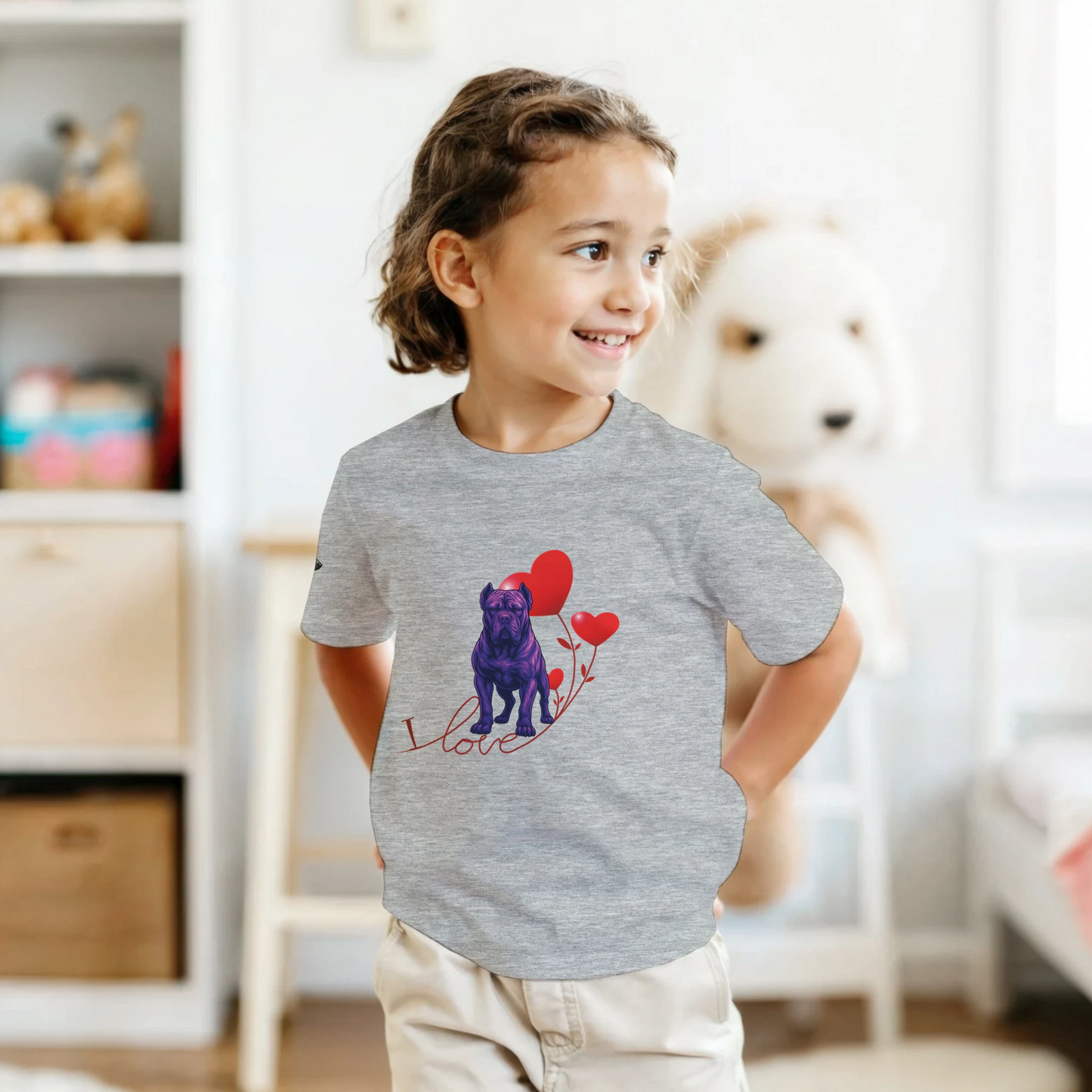 T-shirt enfant unisexe classique ras du cou gris I love Cane Corso