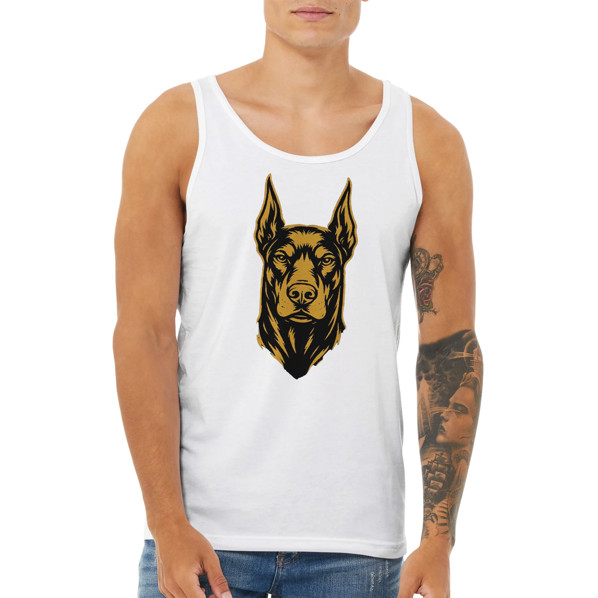 Débardeur adulte unisexe premium blanc tête Dobermann noir doré