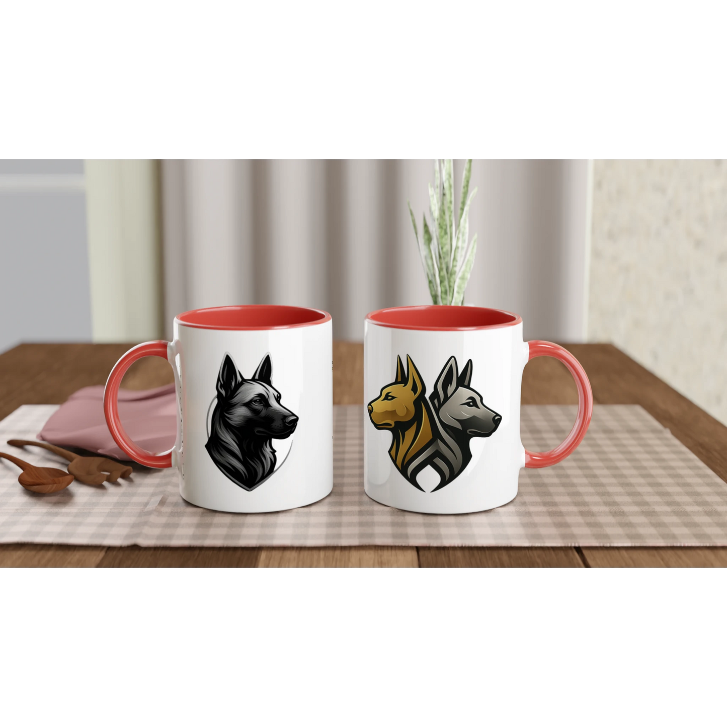 Mug céramique blanche 325 ml (11 oz) intérieur coloré rouge-tête Malinois argentée/noire