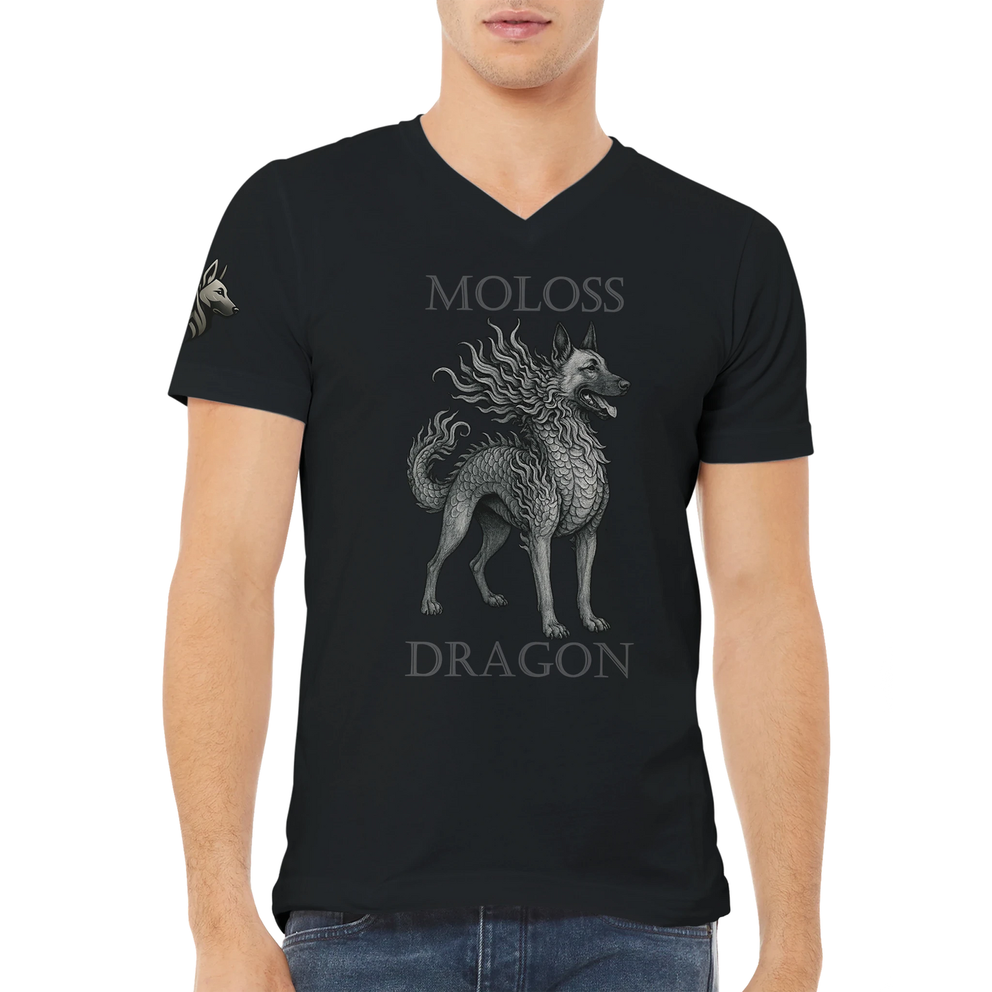 T-shirt adulte unisexe premium col en V gris foncé Moloss Dragon Malinois