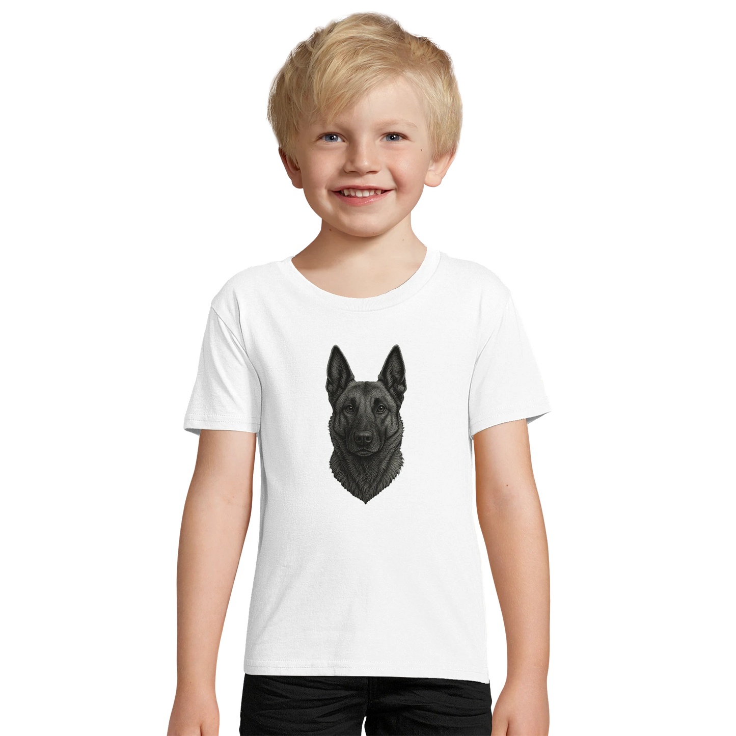 Marque MolossDesign | T-shirt enfant coton bio ajusté tête Malinois argentée1 avec logo sur le dos MolossDesign
