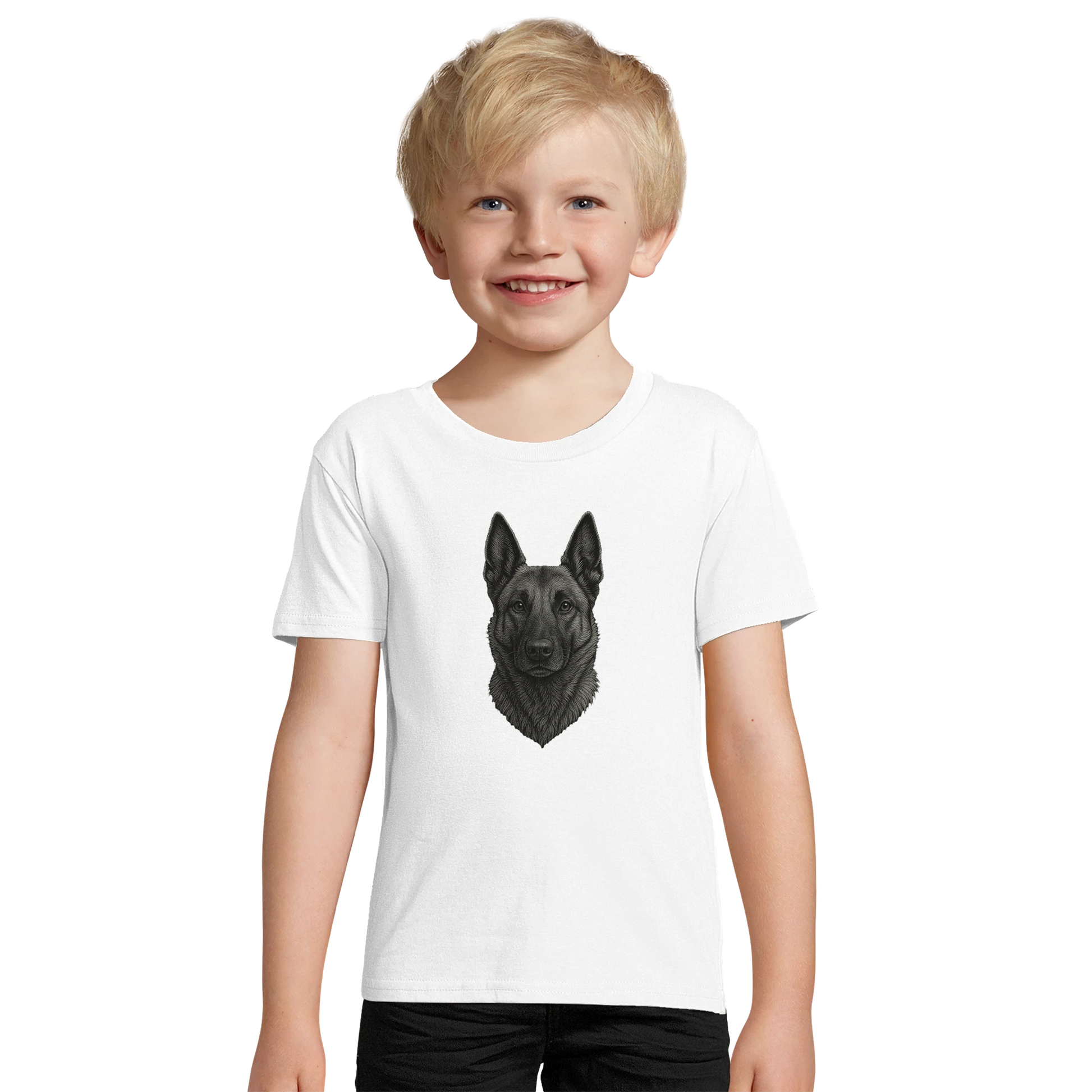 Marque MolossDesign | T-shirt enfant coton bio ajusté tête Malinois argentée1 avec logo sur le dos MolossDesign