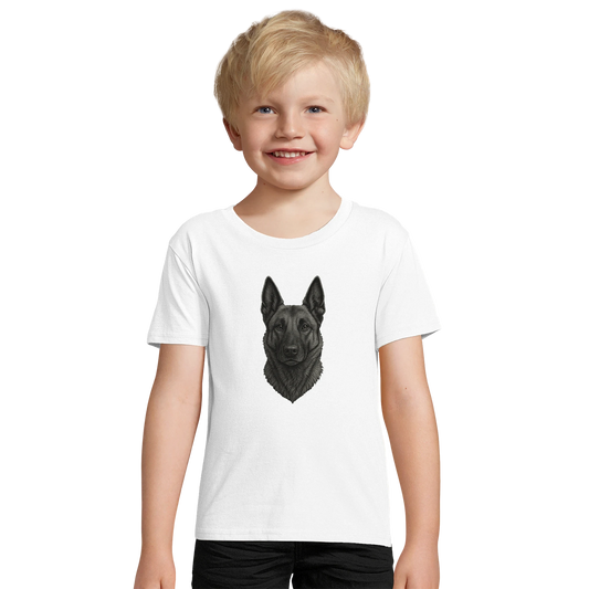 Marque MolossDesign | T-shirt enfant coton bio ajusté tête Malinois argentée1 avec logo sur le dos MolossDesign