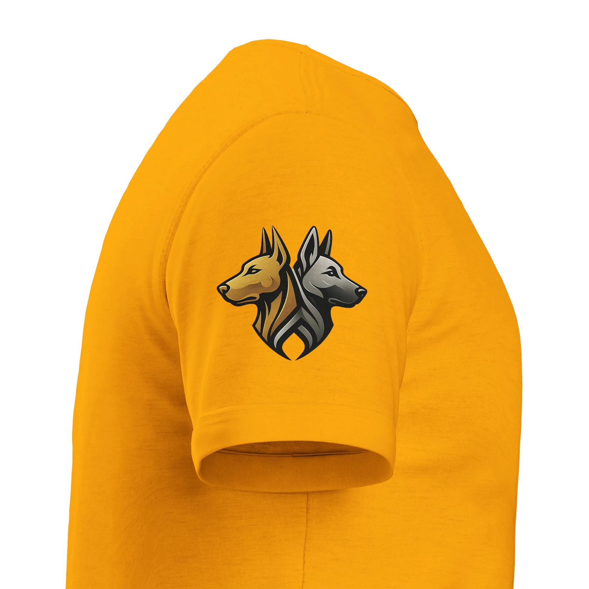 T-shirt unisexe épais ras du cou tête face Dobermann dorée avec logo sur manche droite MolossDesign