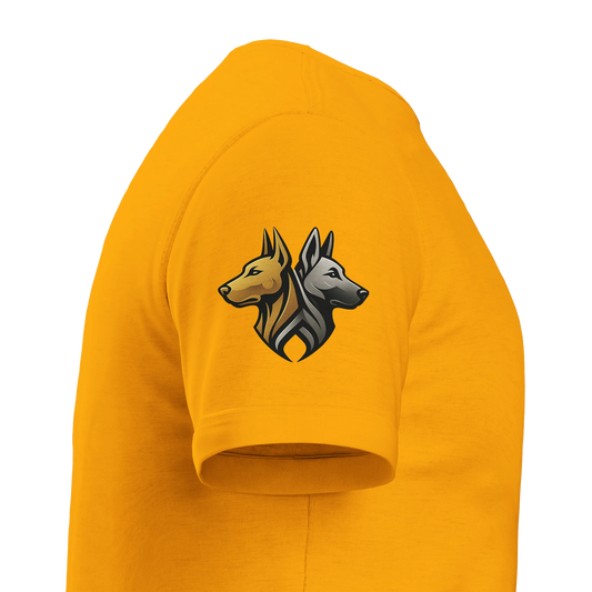 T-shirt unisexe épais ras du cou tête face Dobermann dorée avec logo sur manche droite MolossDesign