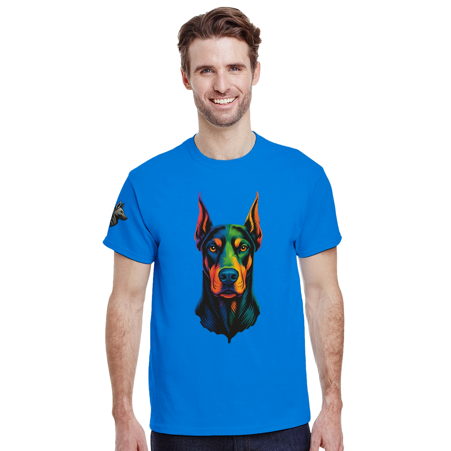 T-shirt adulte unisexe épais ras du cou bleu tête Dobermann arc en ciel