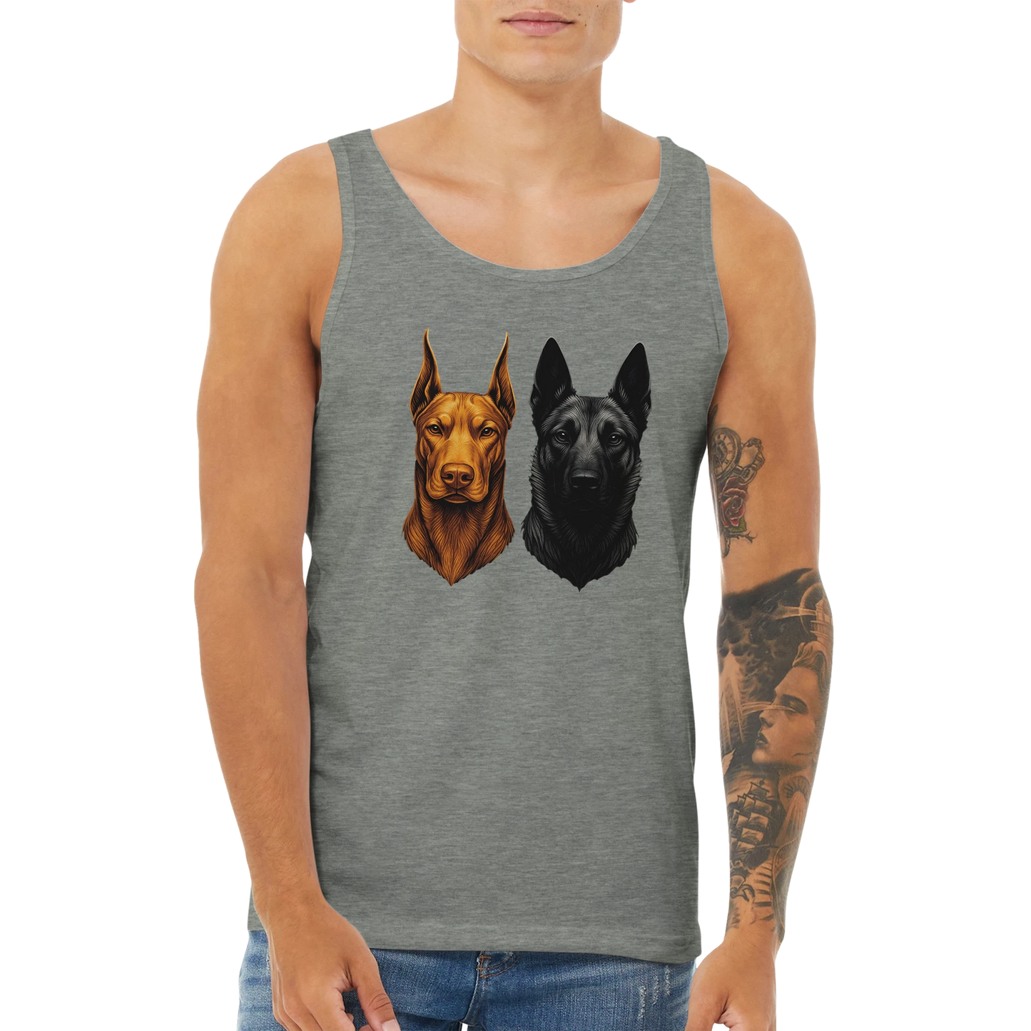 Débardeur adulte unisexe premium gris tête Dobermann+Malinois
