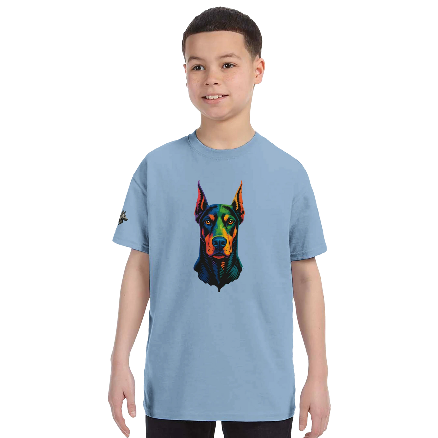 T-shirt enfant classique ras du cou tête Dobermann arc en ciel1 avec logo sur manche droite MolossDesign