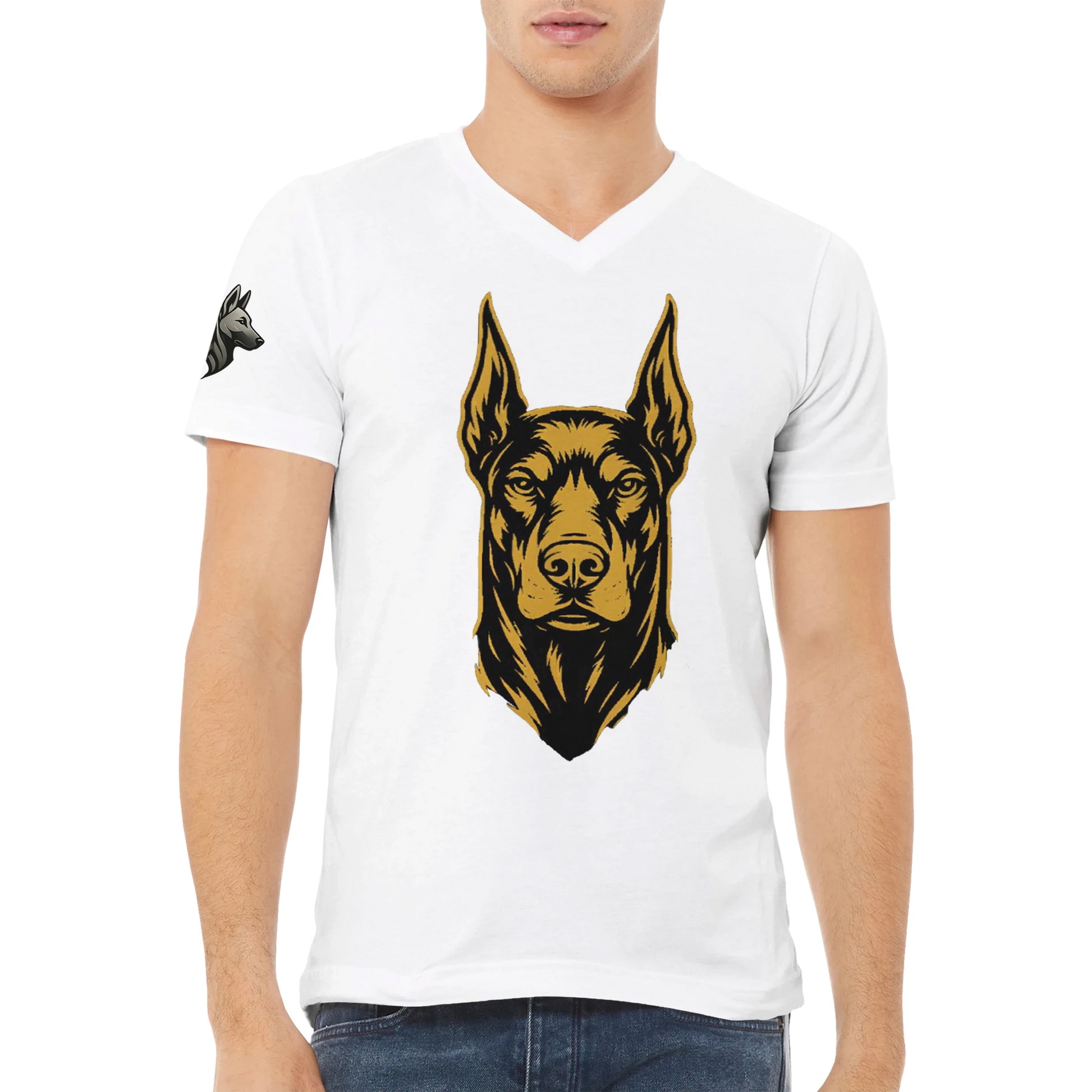 T-shirt adulte unisexe premium col en V blanc tête Dobermann noire/dorée