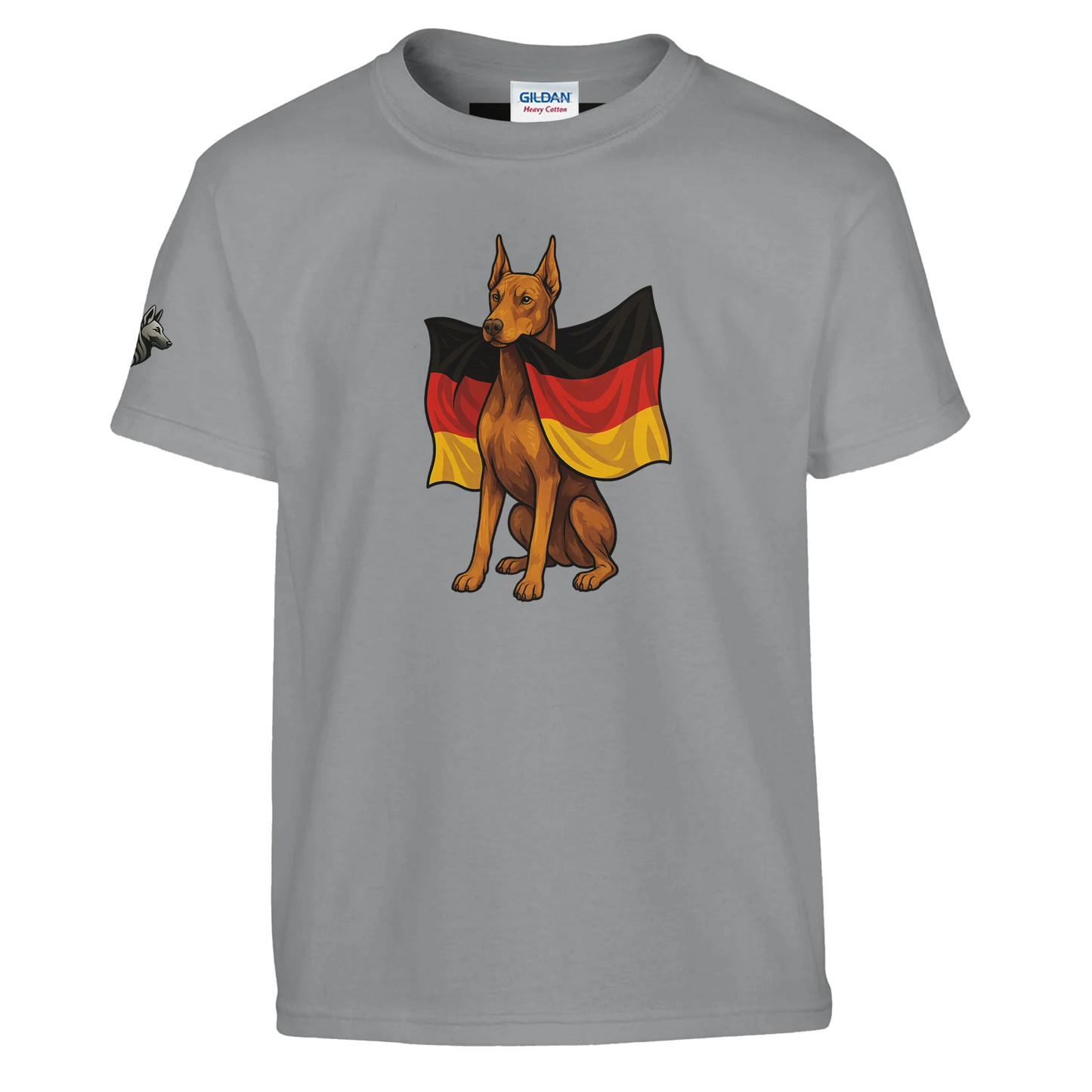 Marque MolossDesign | T-shirt enfant col rond Dobermann avec drapeau allemand2 et logo sur manche droite MolossDesign