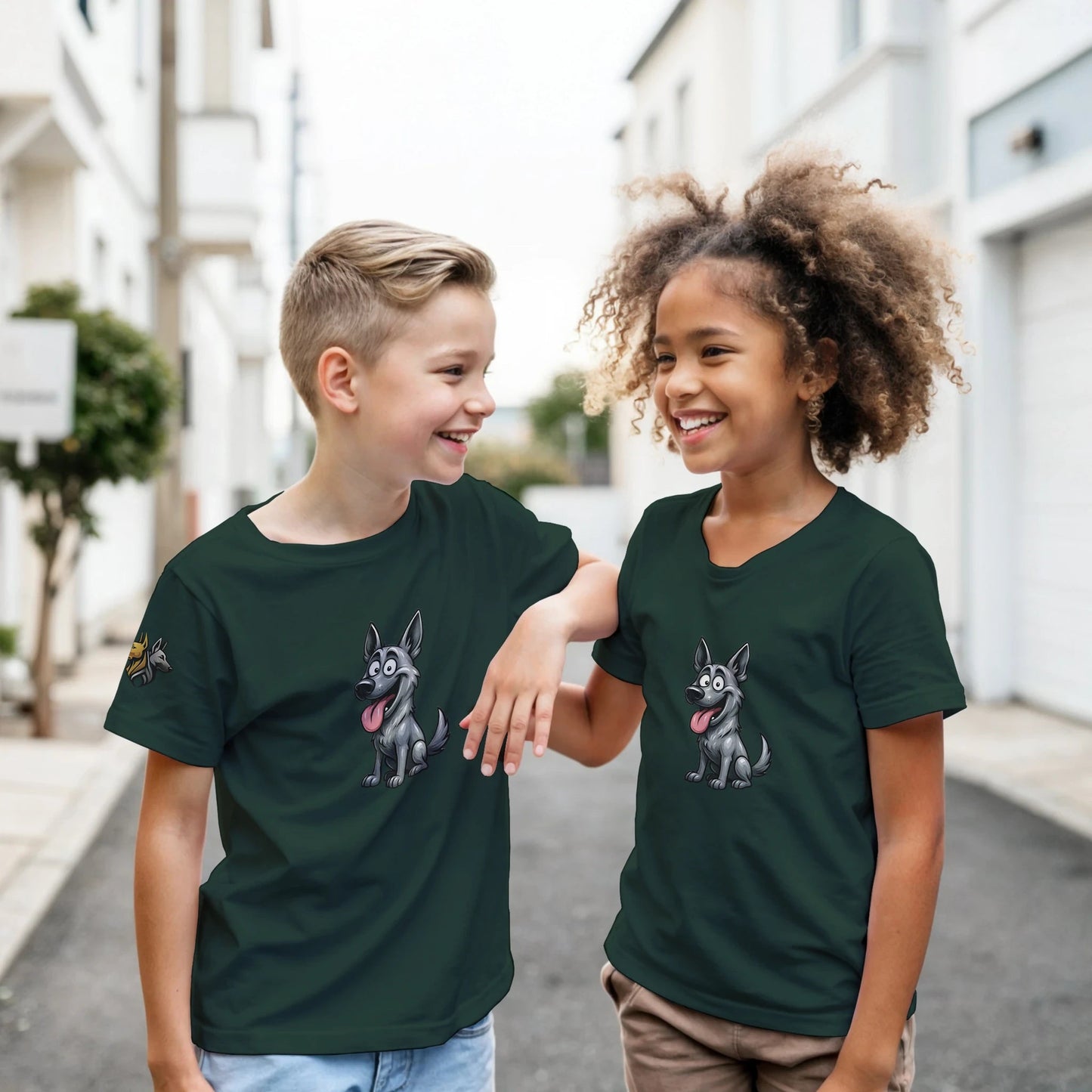 Marque MolossDesign | T-shirt enfant classique ras du cou Malinois humour1 avec logo sur manche droite MolossDesign
