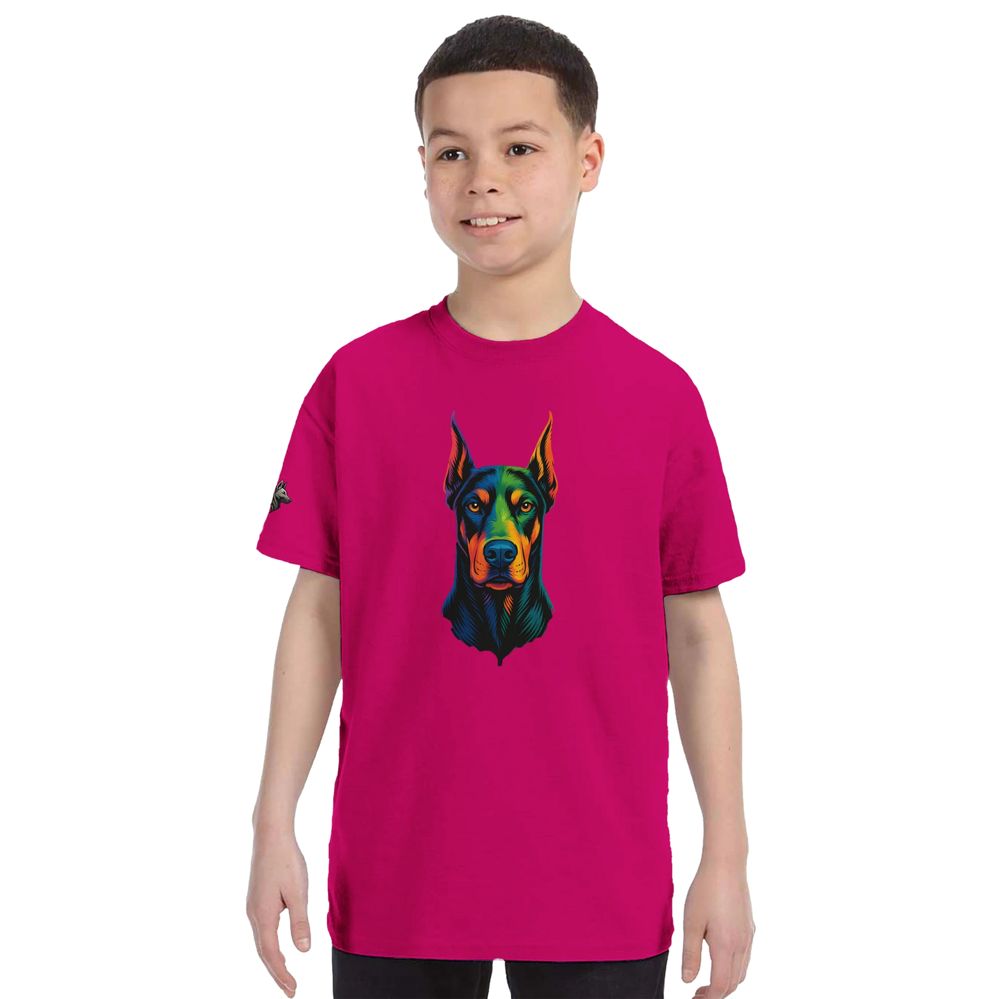 T-shirt enfant classique ras du cou tête Dobermann arc en ciel1 avec logo sur manche droite MolossDesign