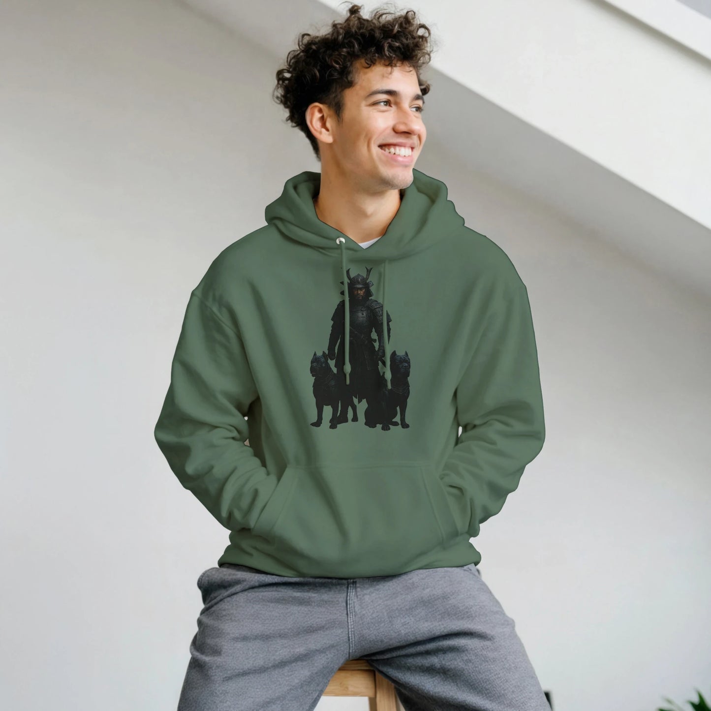 Sweat à capuche adulte unisexe classique vert Samourai+Cane Corso