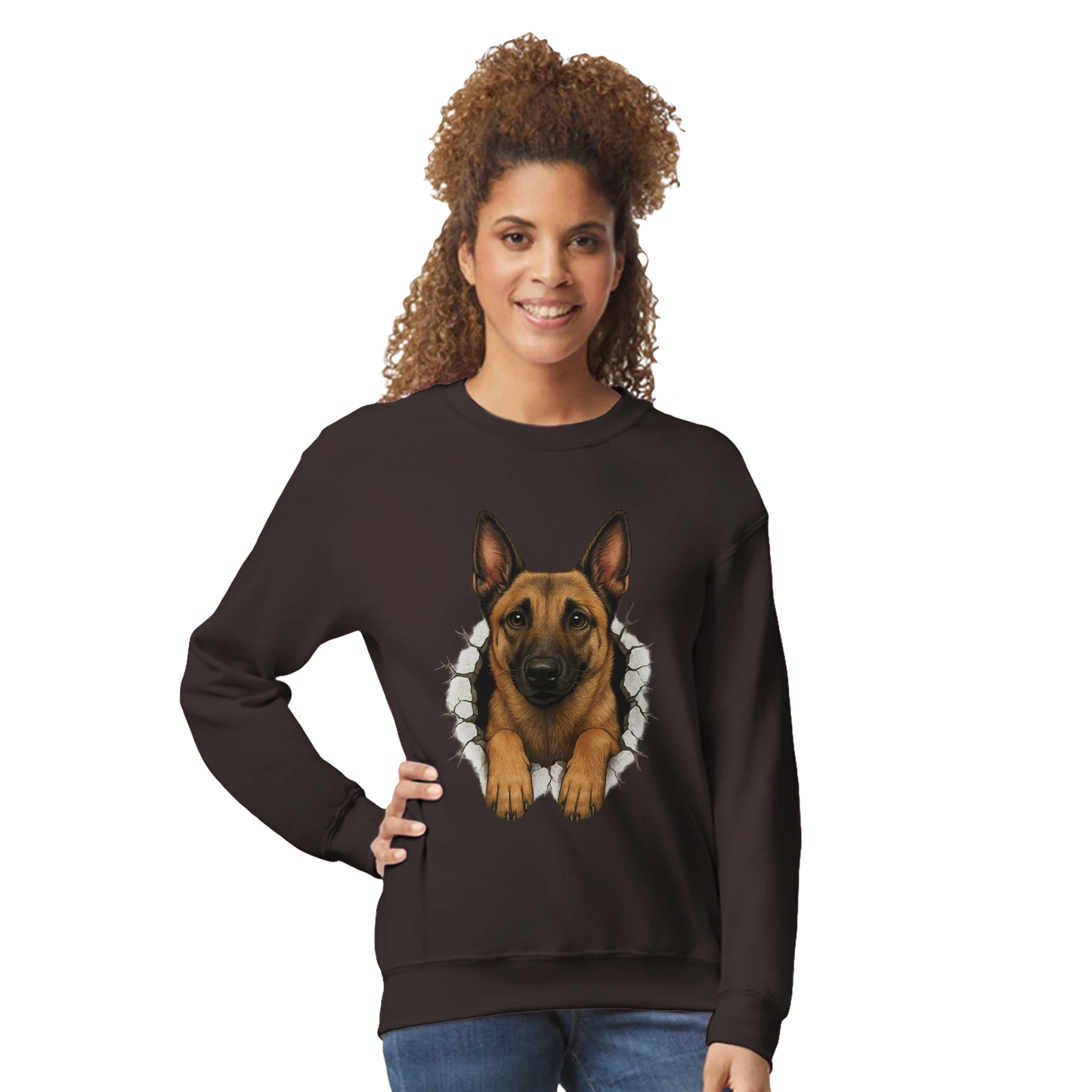 Sweat-shirt adulte unisexe classique ras du cou marron Malinois trou mur