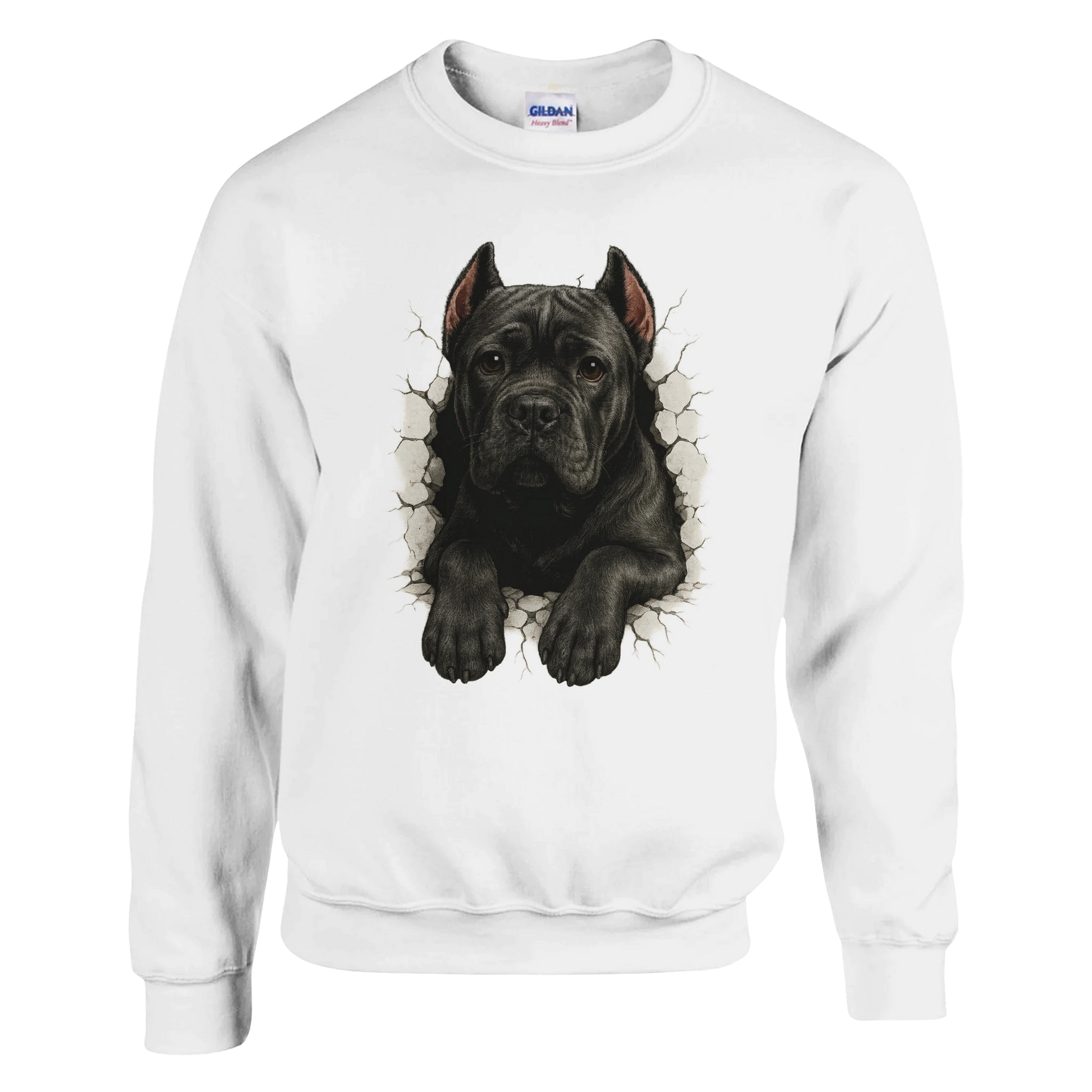 Sweat-shirt adulte unisexe classique ras du cou blanc Cane Corso trou mur