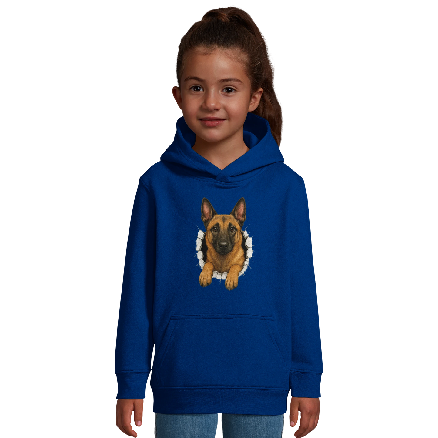 Sweat-shirt enfant à capuche bleu Malinois trou mur