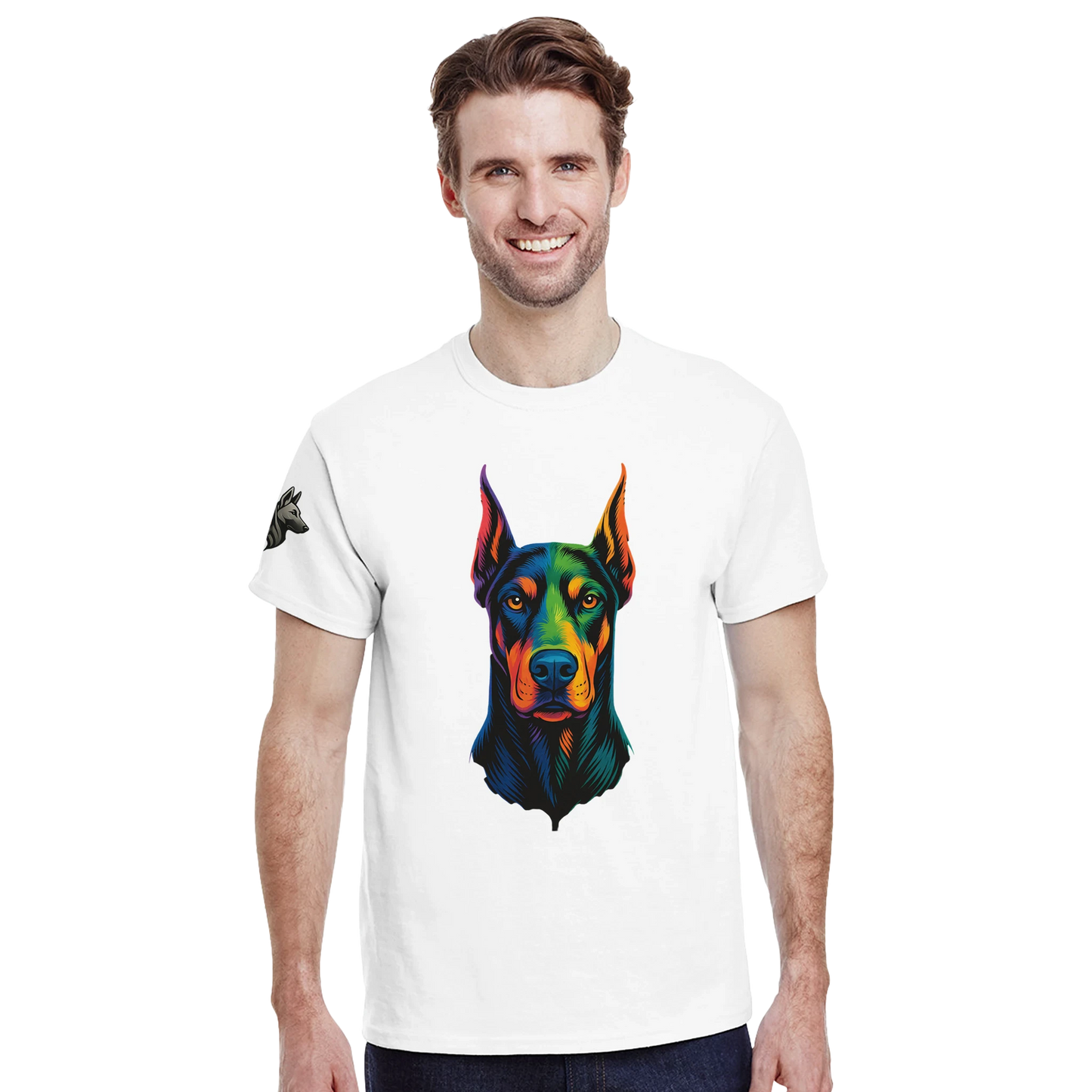 T-shirt adulte unisexe épais ras du cou blanc tête Dobermann arc en ciel