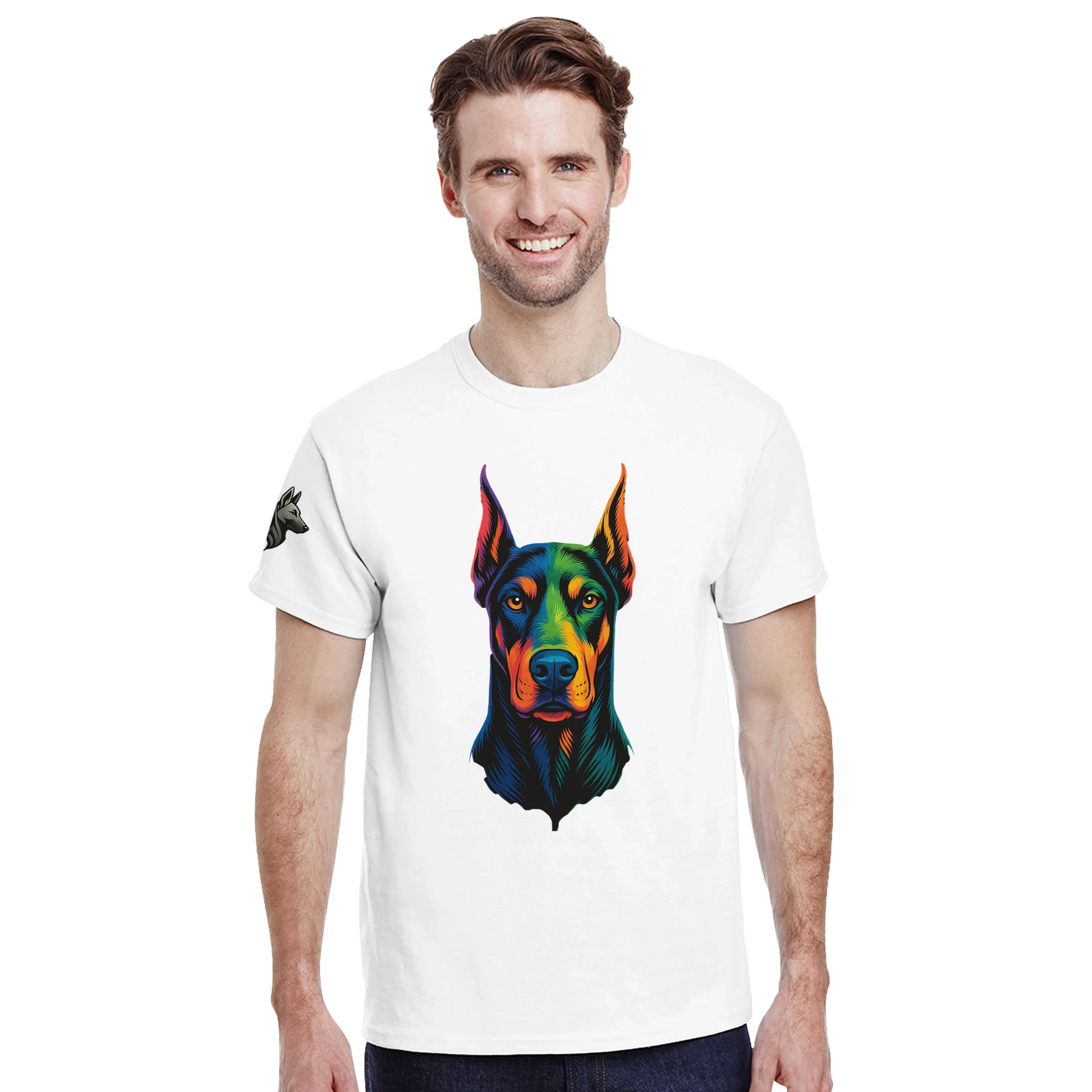 T-shirt adulte unisexe épais ras du cou blanc tête Dobermann arc en ciel