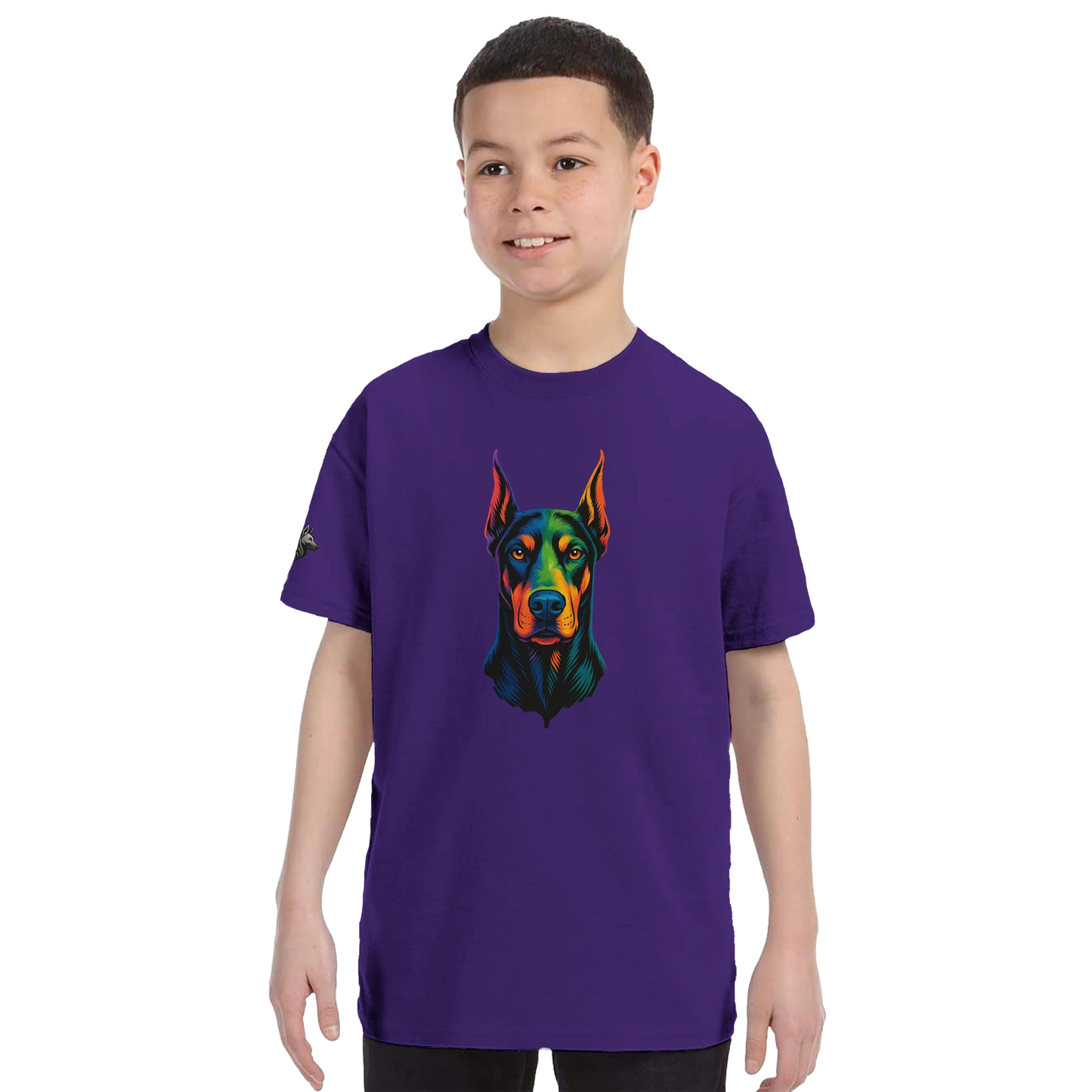 T-shirt enfant classique ras du cou tête Dobermann arc en ciel1 avec logo sur manche droite MolossDesign