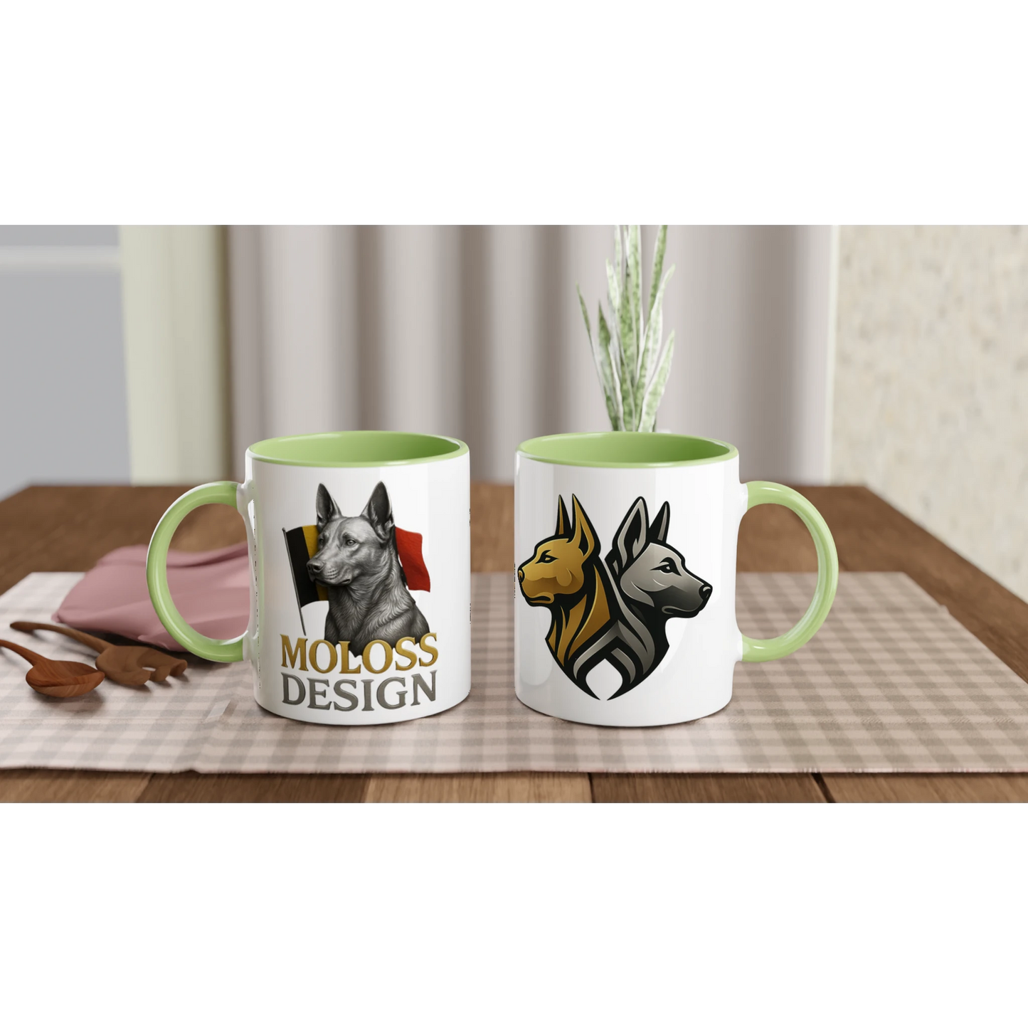 Mug en céramique blanche 325 ml (11 oz) avec intérieur coloré vert Malinois argenté drapeau belge