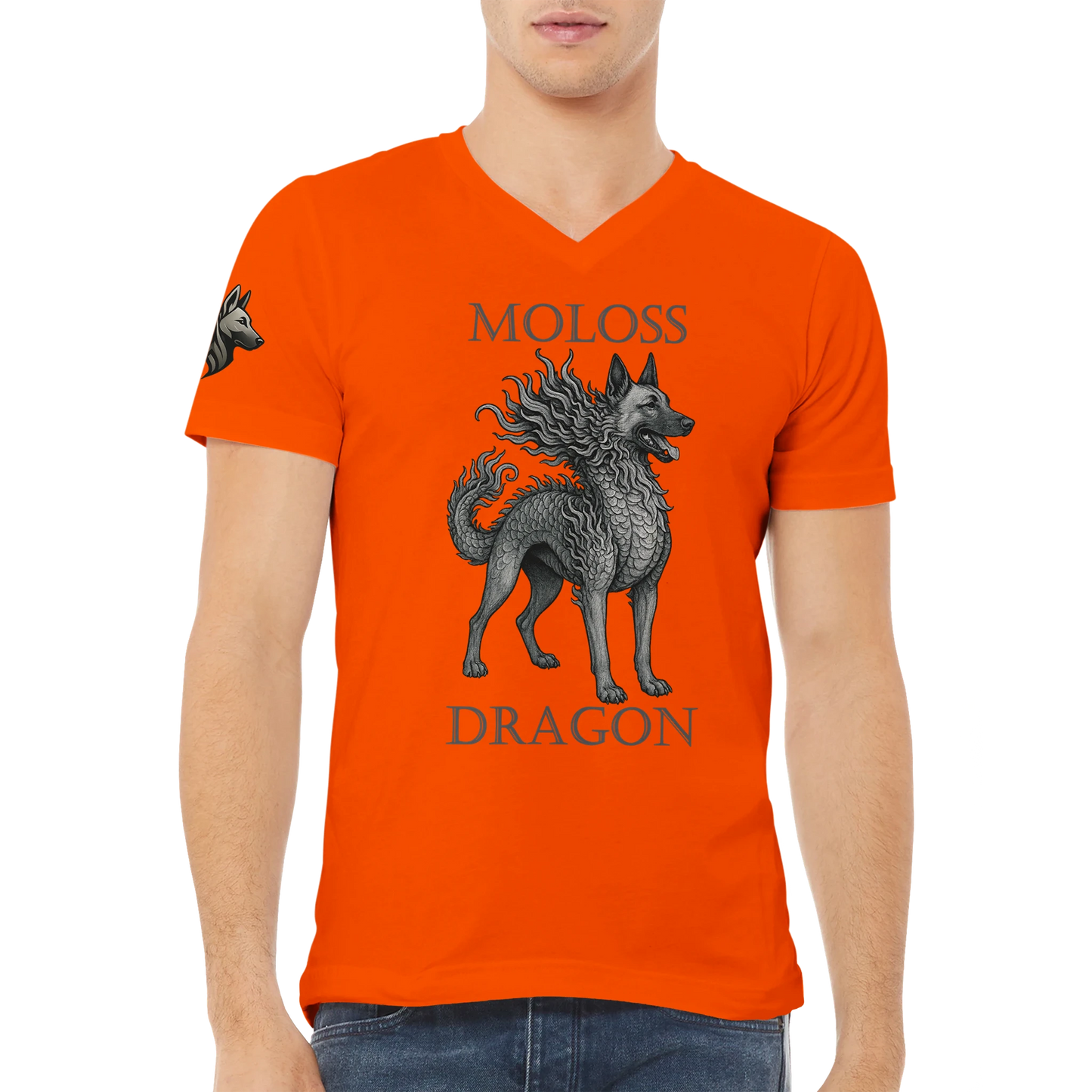T-shirt adulte unisexe premium col en V orange Moloss Dragon Malinois