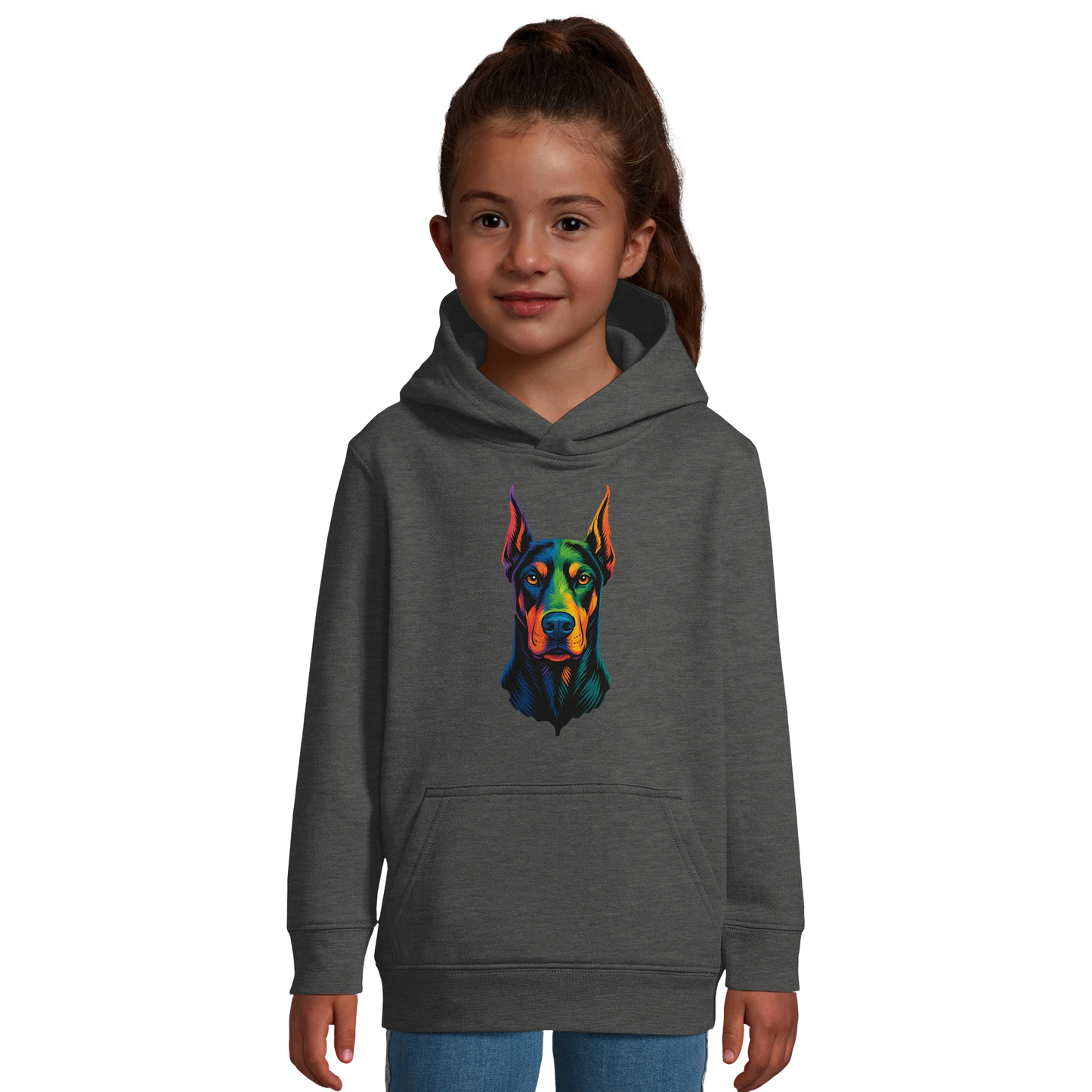 Sweat-shirt à capuche enfant gris tête Dobermann arc en ciel
