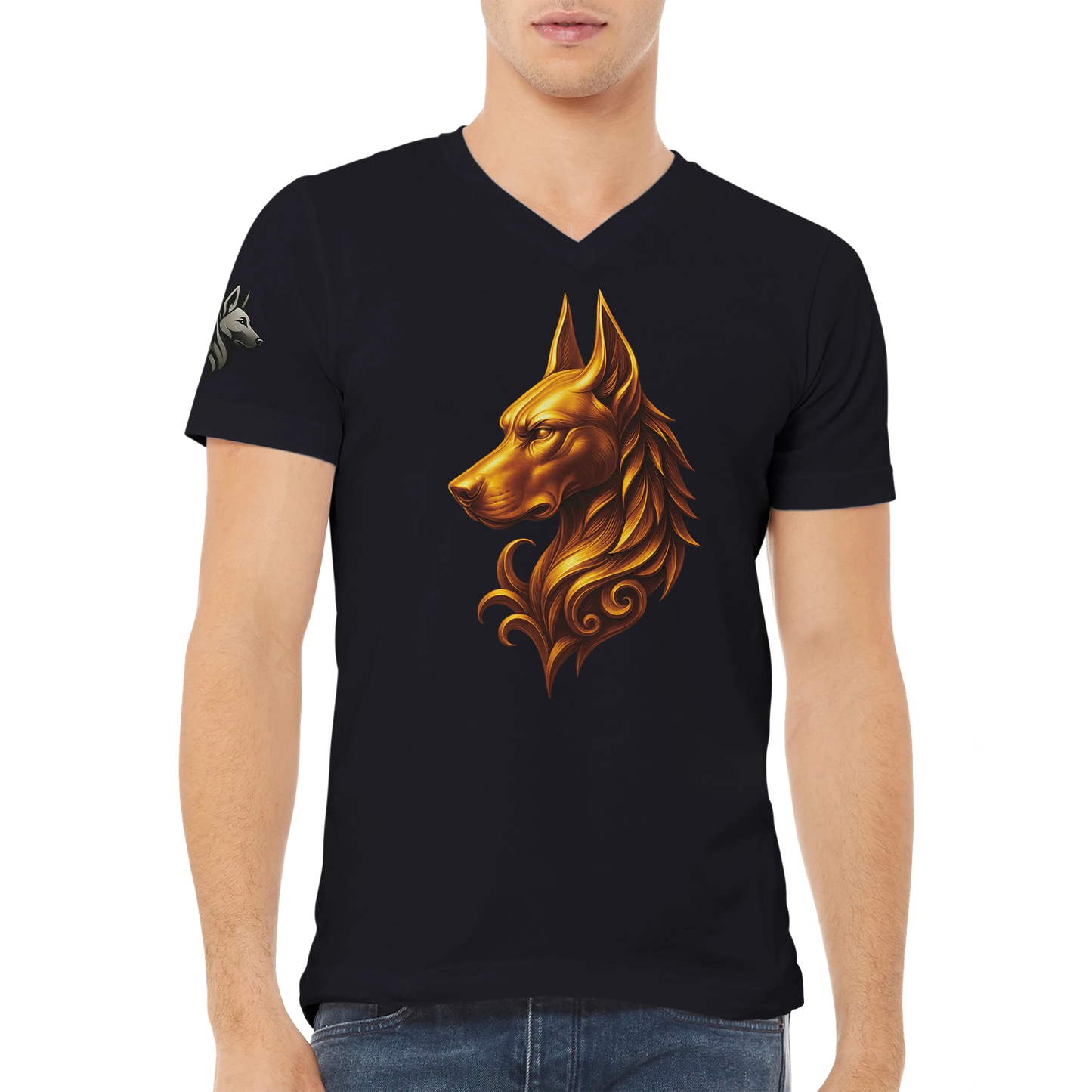 T-shirt adulte unisexe premium col en V noir tête majestueuse Dobermann