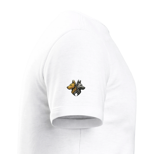 T-shirt enfant classique ras du cou tête Dobermann dorée et noire1 avec logo sur manche droite MolossDesign