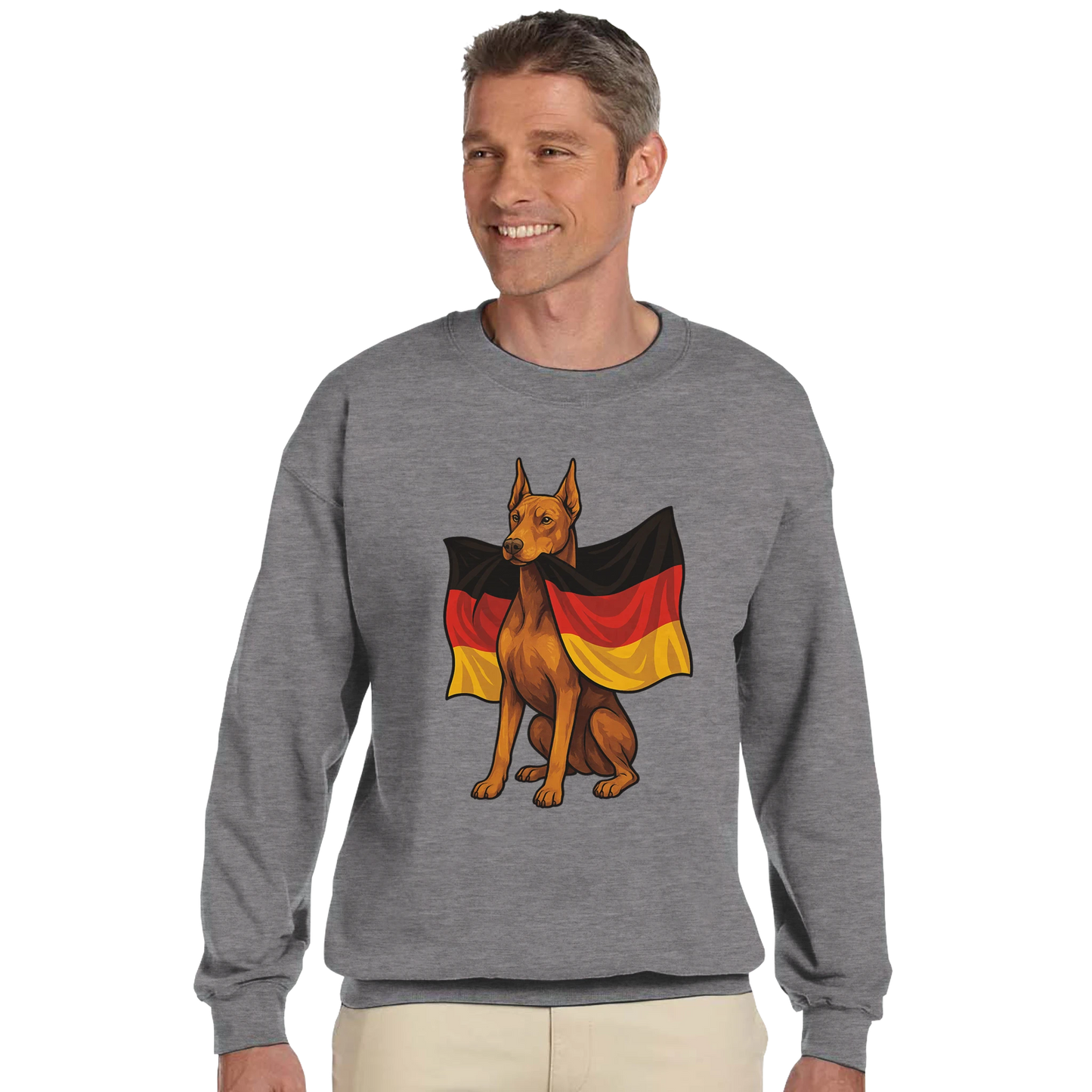 Sweat-shirt adulte unisexe classique ras du cou gris Dobermann+drapeau