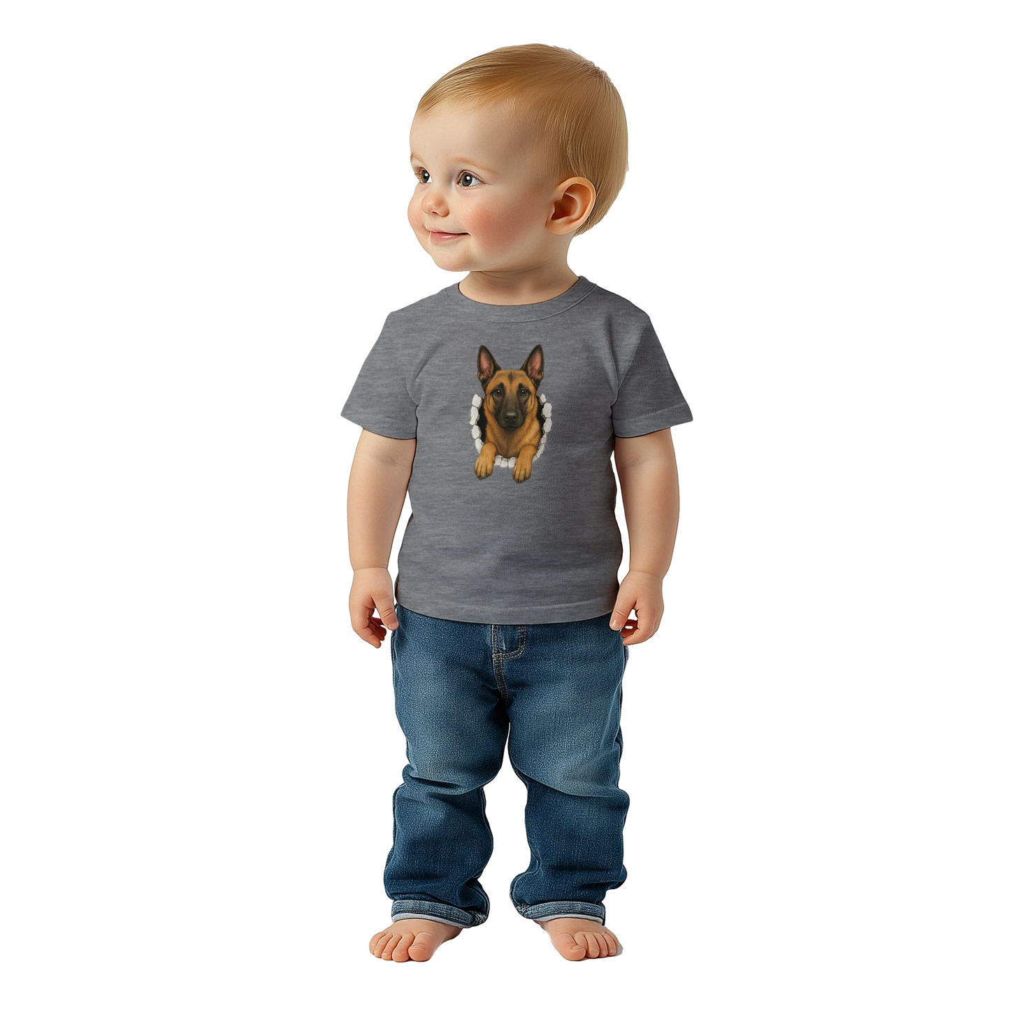 T-shirt-bébé classique gris Malinois trou mur