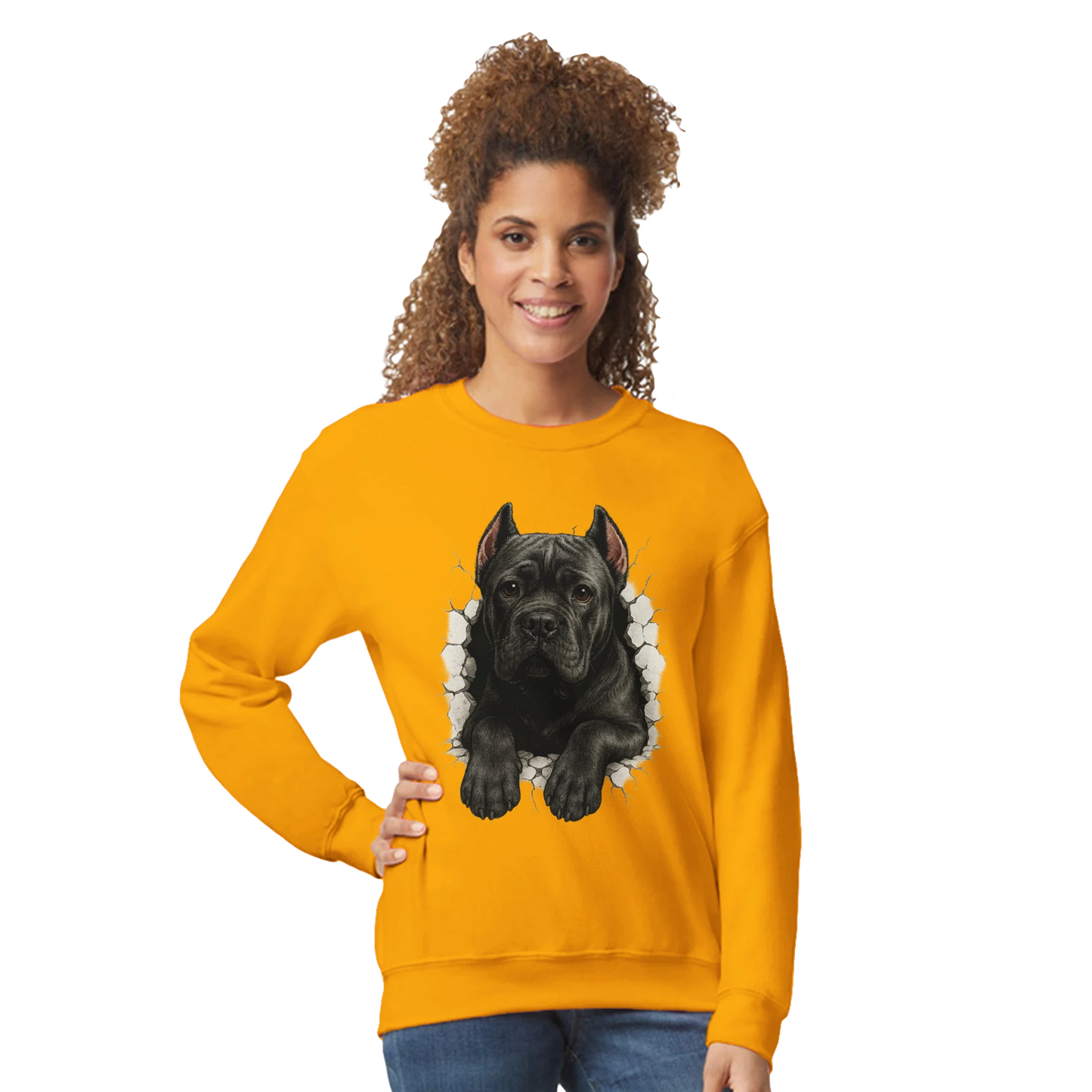 Sweat-shirt adulte unisexe classique ras du cou jaune Cane Corso trou mur