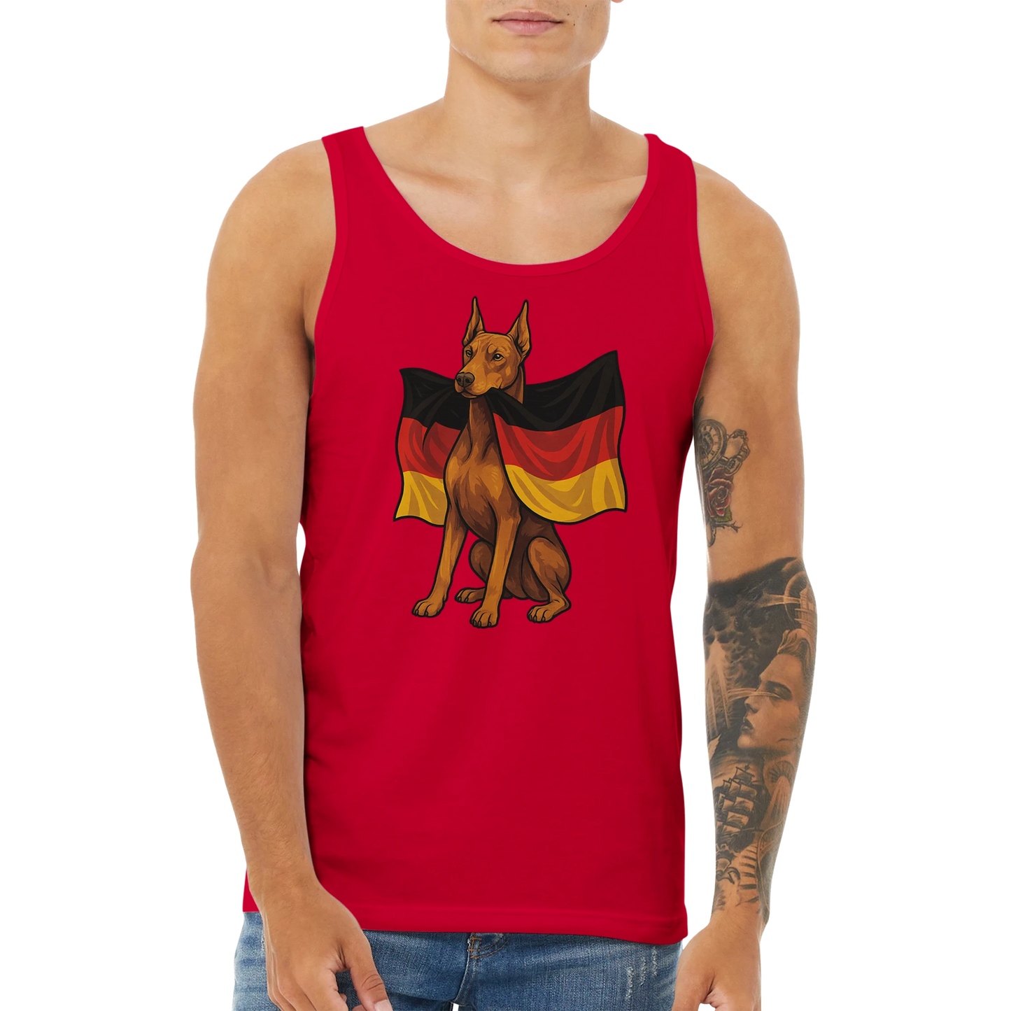 Débardeur adulte unisexe premium rouge Dobermann drapeau