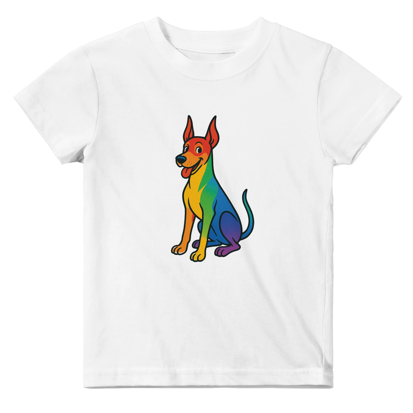 T-shirt bébé blanc coton manches courtes Dobermann arc en ciel