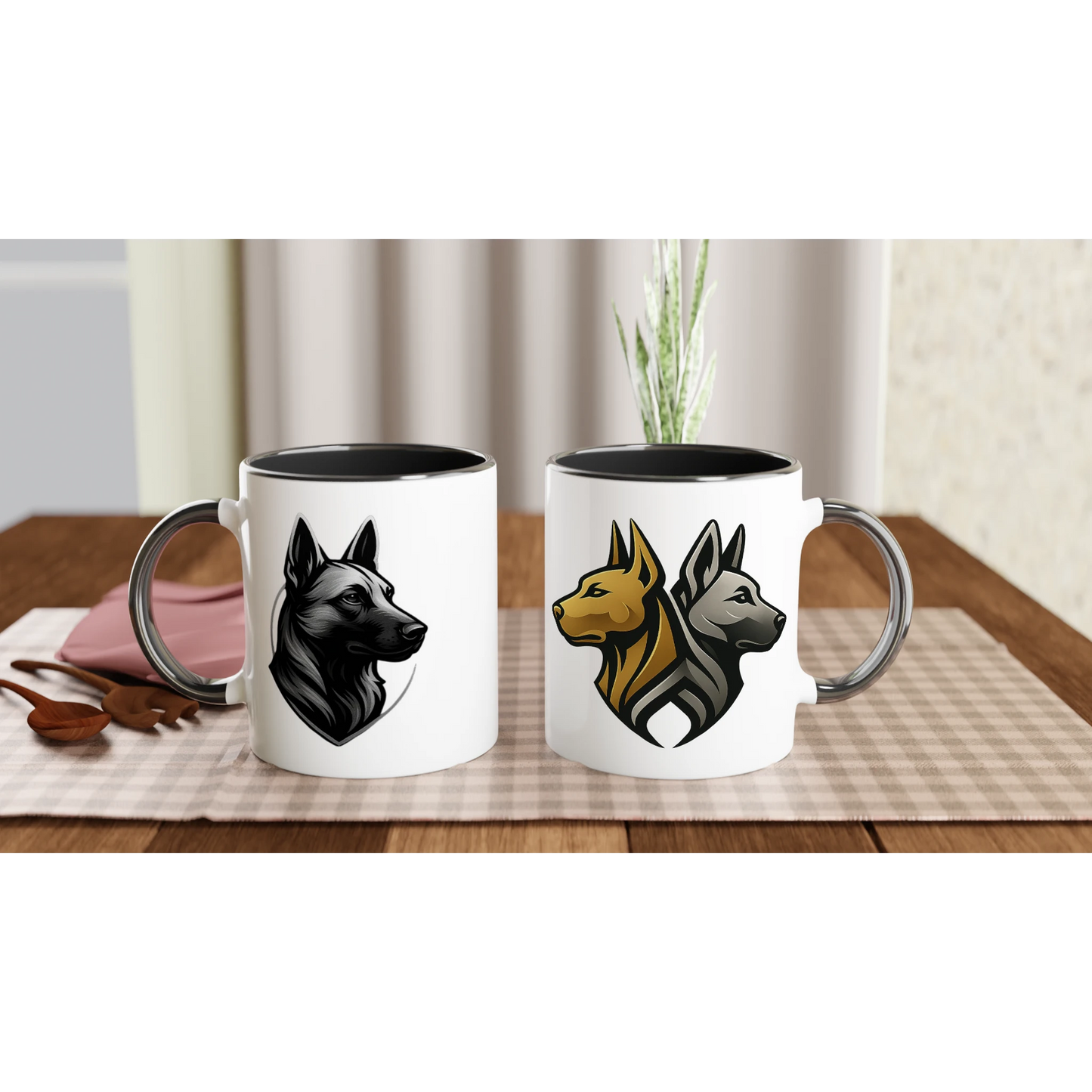 Mug céramique blanche 325 ml (11 oz) intérieur coloré noir-tête Malinois argentée/noire