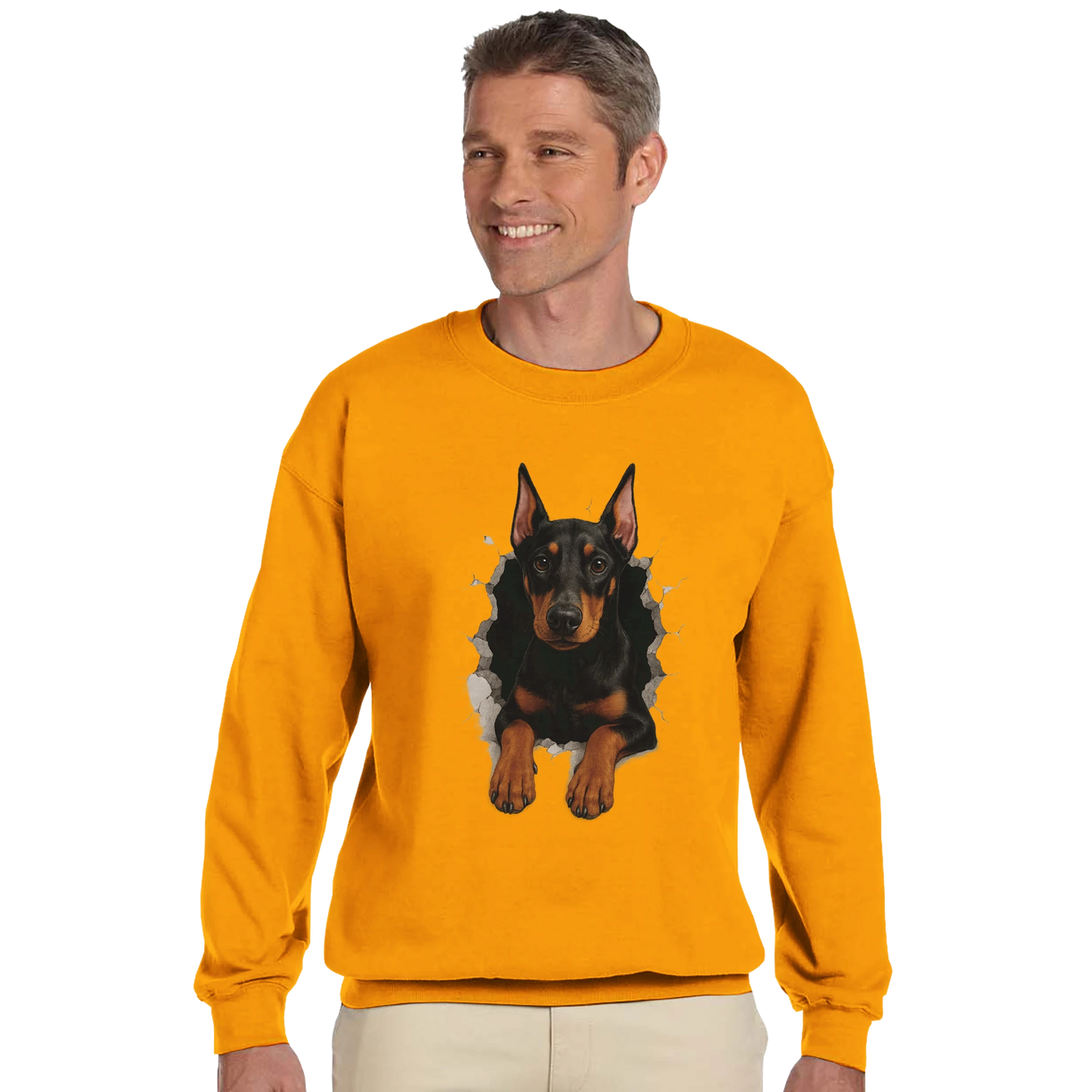 Sweat-shirt adulte unisexe classique ras du cou jaune Dobermann trou mur