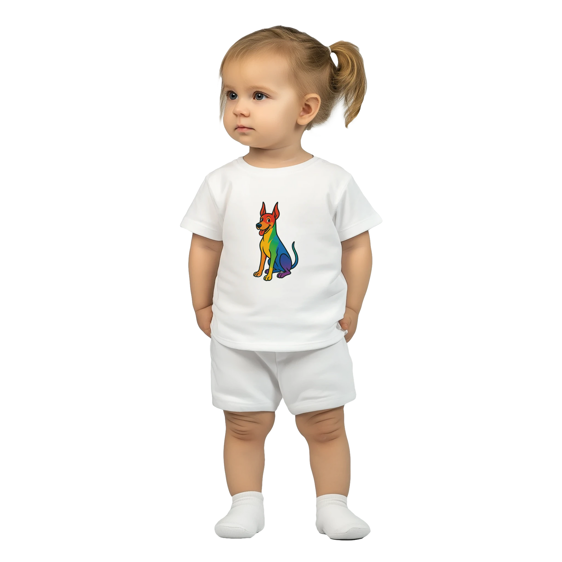 T-shirt bébé blanc coton manches courtes Dobermann arc en ciel