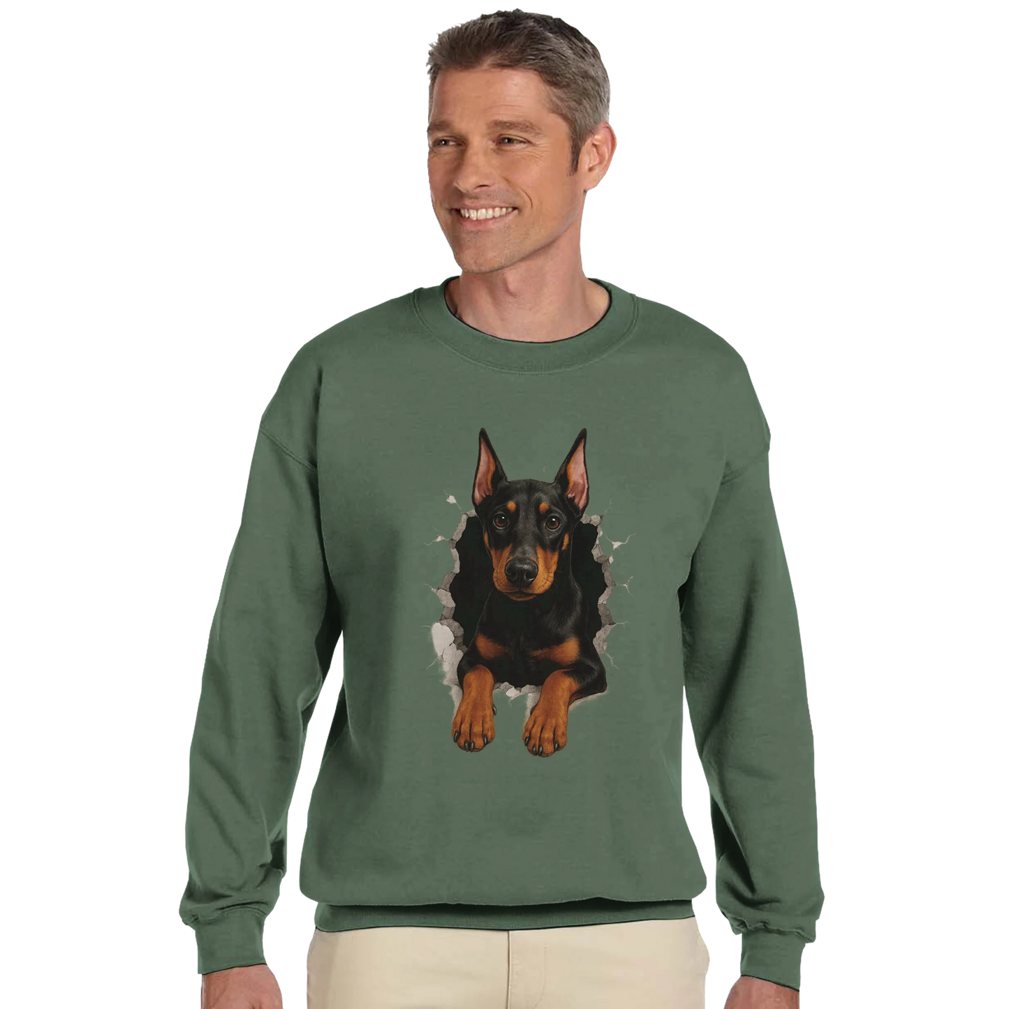 Sweat-shirt adulte unisexe classique ras du cou vert Dobermann trou mur