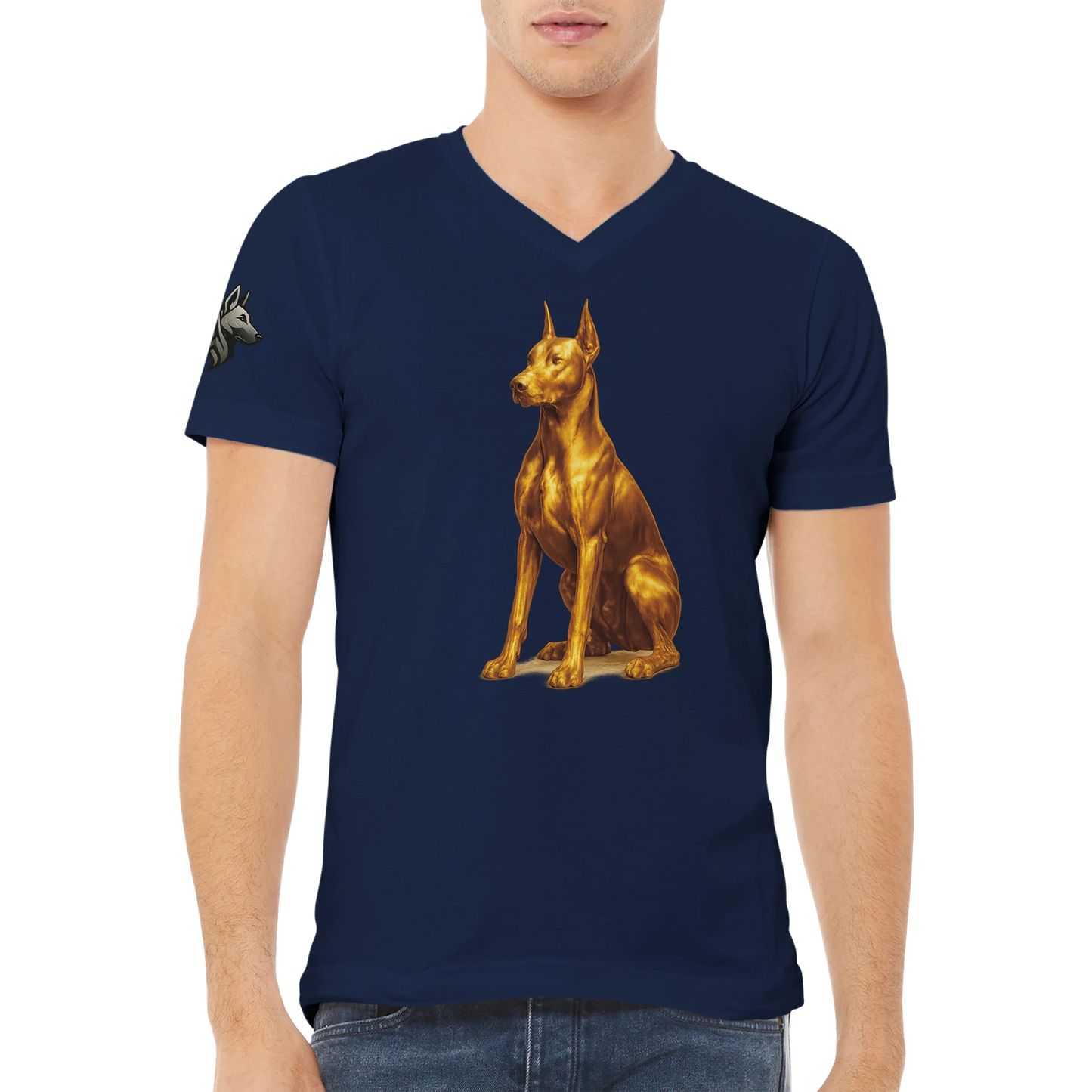 T-shirt unisexe premium col en V bleu Dobermann doré assis