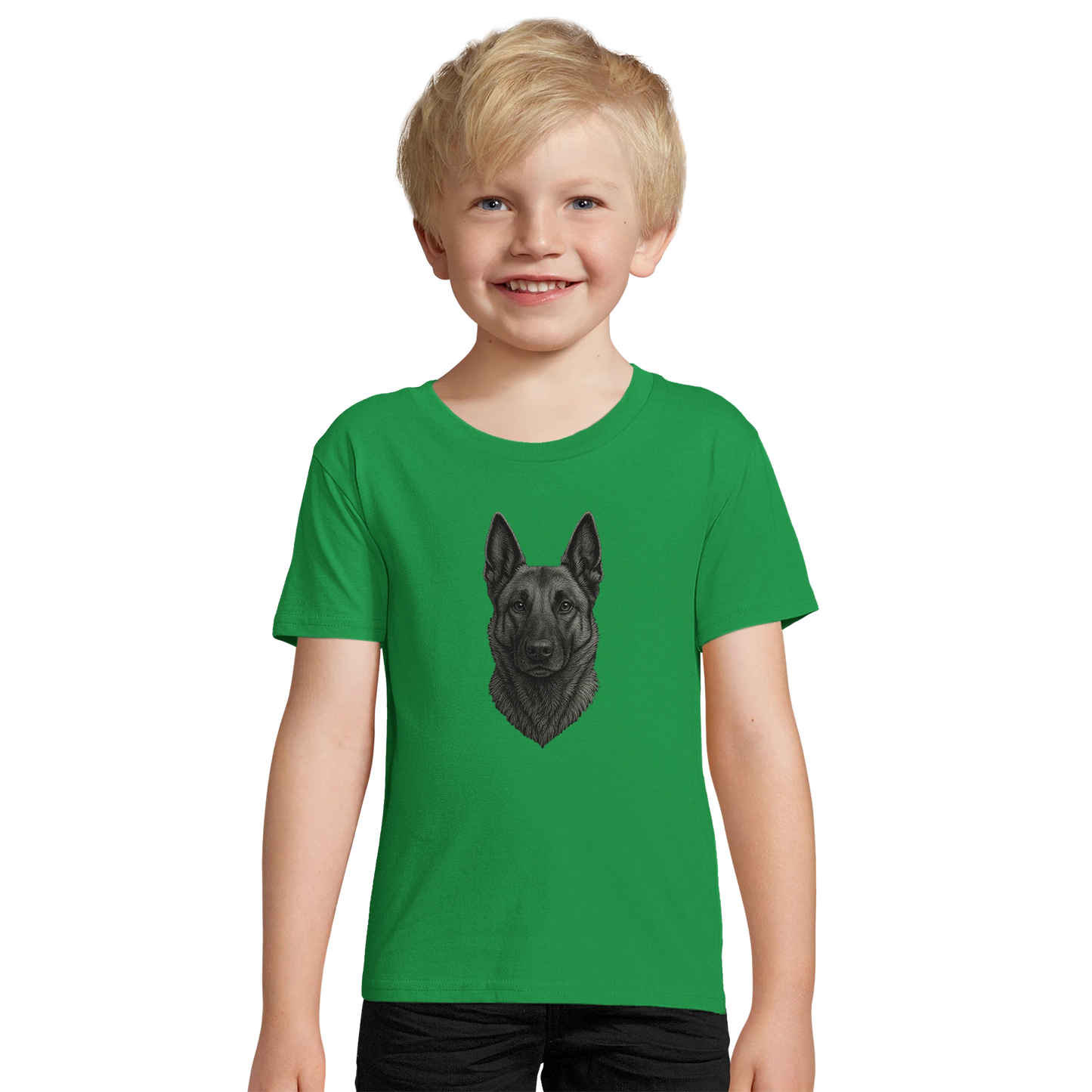 Marque MolossDesign | T-shirt enfant coton bio ajusté tête Malinois argentée1 avec logo sur le dos MolossDesign