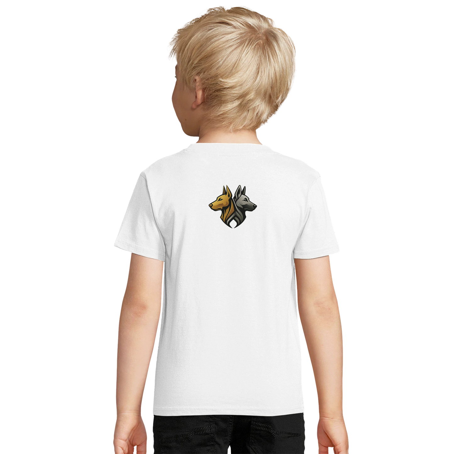 Marque MolossDesign | T-shirt enfant coton bio ajusté tête Malinois argentée1 avec logo sur le dos MolossDesign