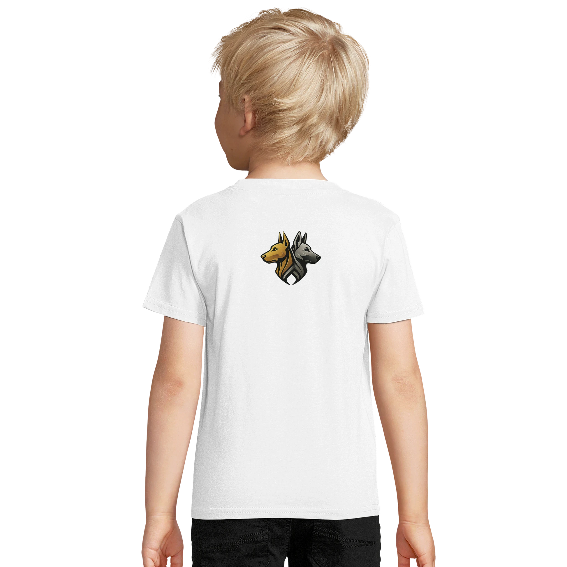 Marque MolossDesign | T-shirt enfant coton bio ajusté tête Malinois argentée1 avec logo sur le dos MolossDesign