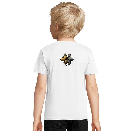 Marque MolossDesign | T-shirt enfant coton bio ajusté tête Malinois argentée1 avec logo sur le dos MolossDesign