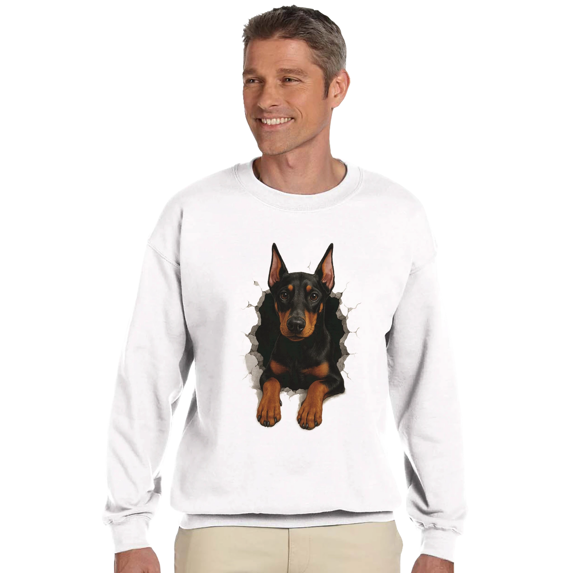Sweat-shirt adulte unisexe classique ras du cou blanc Dobermann trou mur