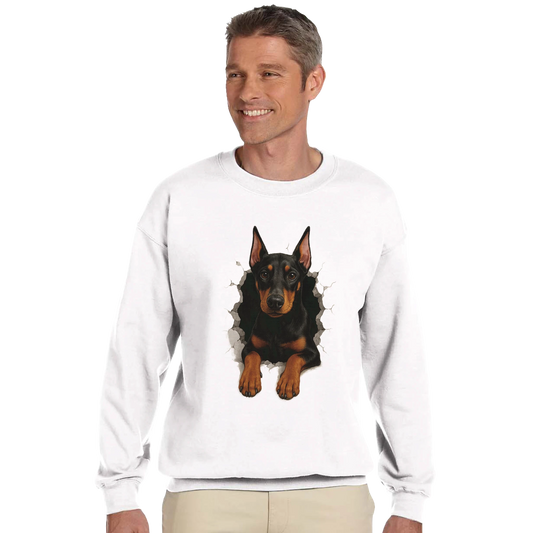 Sweat-shirt adulte unisexe classique ras du cou blanc Dobermann trou mur